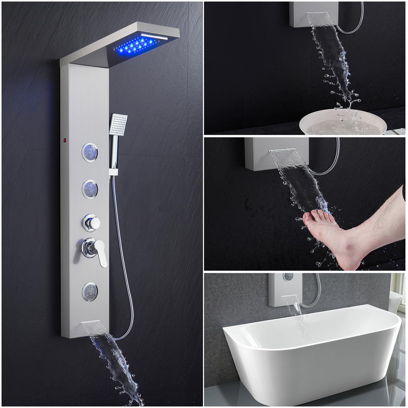 ROVATE 5-in-1 Brushed Stainless Steel LED Shower Panel Tower System - Rainfall, Waterfall, Massage Jets & Handheld Shower Combo - High Pressure Bathroom Upgrade for Spa-Like Experience