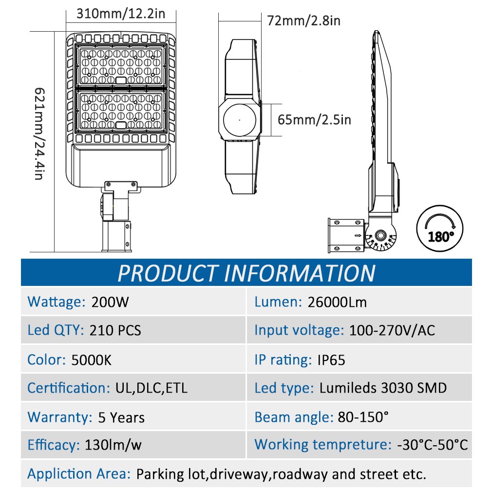 200W LED Parking Lot Lights 5000K Daylight - 26,000LM Super Bright Waterproof Outdoor Shoebox Light - Dusk to Dawn Commercial Flood Security Lighting for Stadiums, Sports Garages, Warehouses & Parking Areas