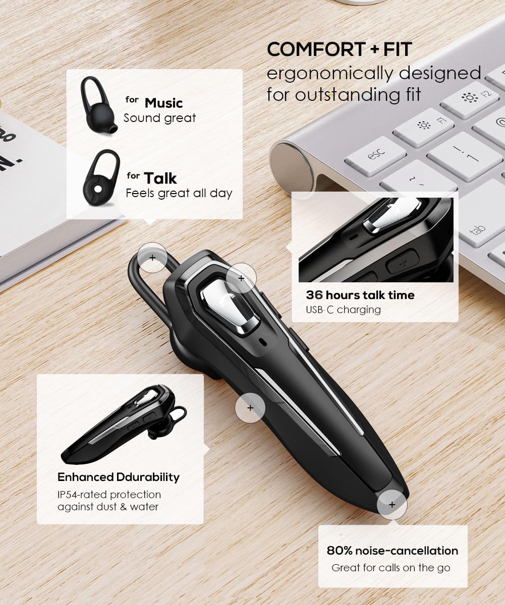 V5.4 Wireless Bluetooth Headset with Noise Canceling Mic - Single Ear Headphone for Driving, 36Hrs Talk Time, Hands-Free Calling - Perfect for Truckers, Office Work & Online Meetings (Black)