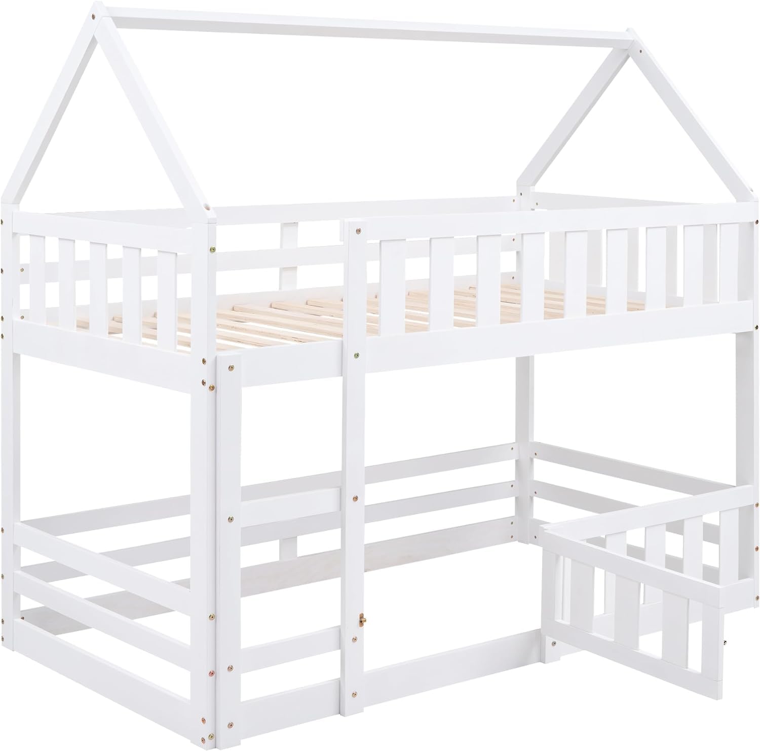 **MERITLINE Wooden Twin Over Twin Bunk Bed with Fence, Door & Roof - Kids Loft Bed for Girls & Boys - Easy Assembly, White - Perfect for Small Bedrooms & Shared Spaces**