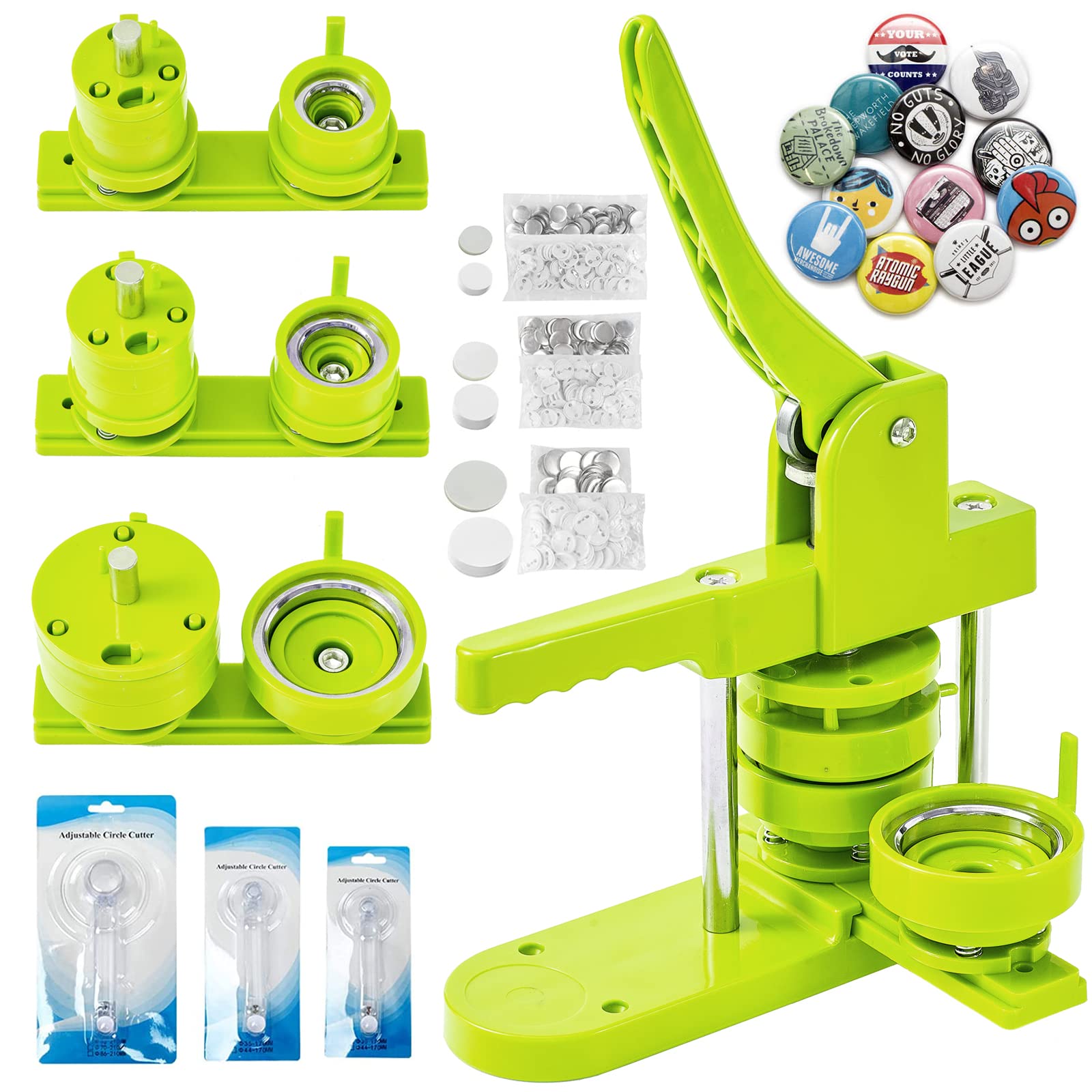1''+1.25''+2.25'' Button Maker Machine with Circle Cutter - DIY Badge Pin Press Kit for Custom Buttons (Green) - Perfect for Crafts, Events & Promotions