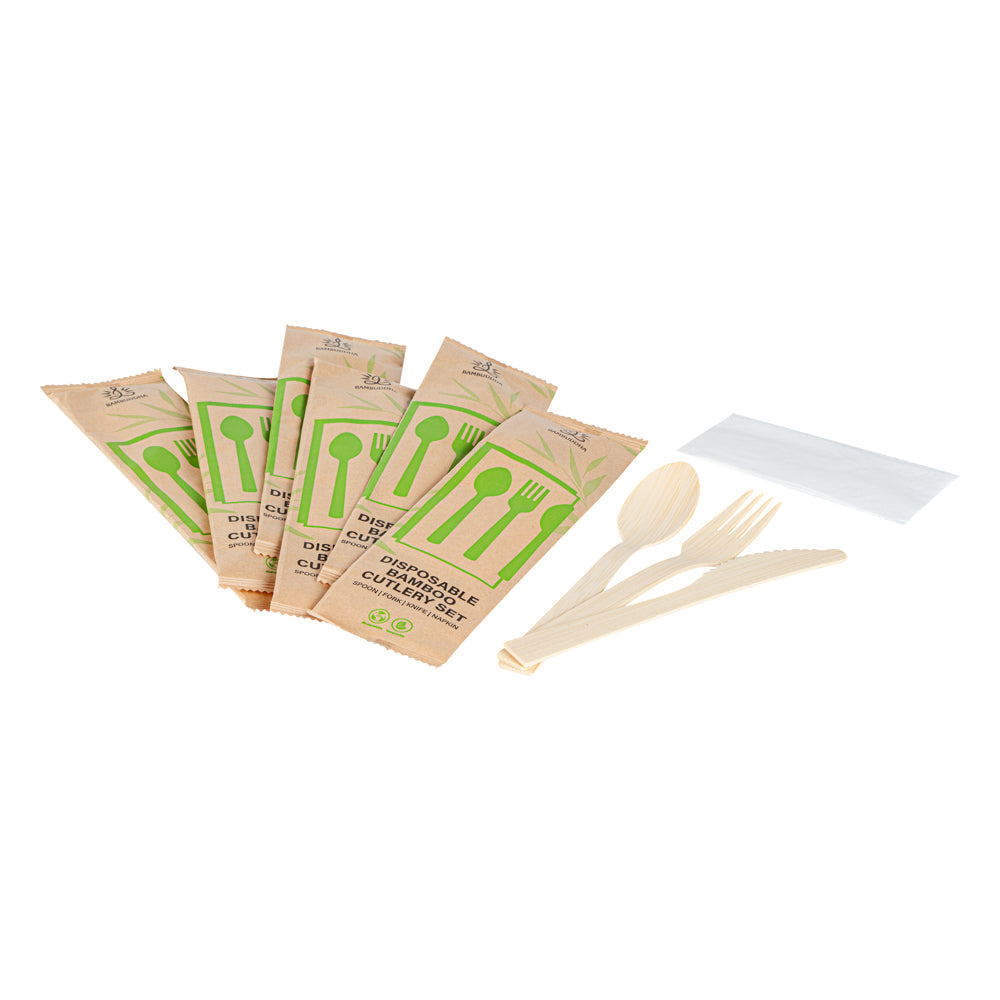 Eco-Friendly Bamboo Disposable Cutlery Set with White Napkins & Kraft Paper Pouch - 100 Count (7-Piece Set) | Perfect for Parties, Picnics, Catering & Sustainable Dining