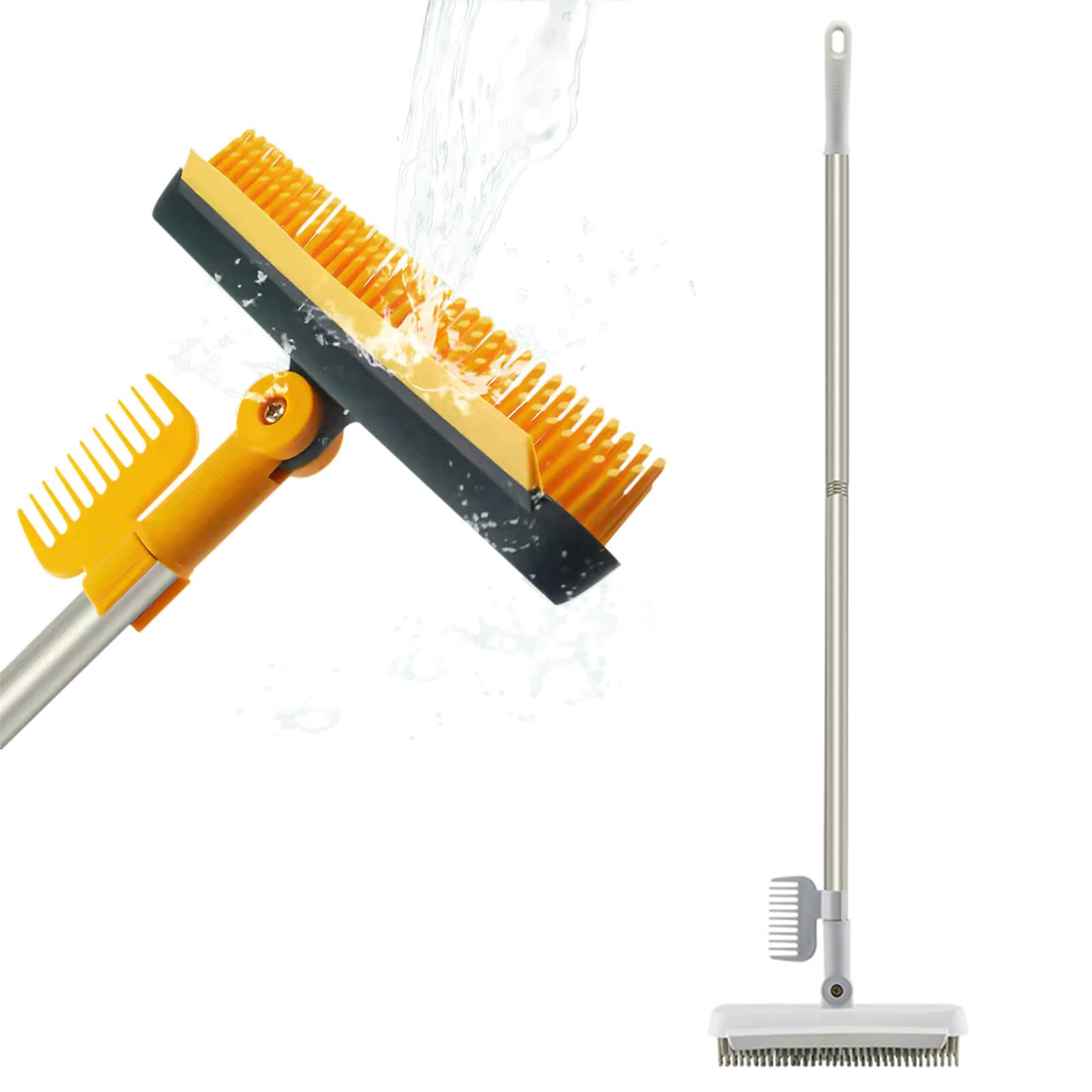 2 in 1 Floor Scrub Brush with Long Handle - V-Shaped Cleaning Brush, 120° Rotating & Removable Head with Squeegee for Bathroom, Kitchen, Wall & Crevice Cleaning - Ideal for Tile, Grout & Hard Floors