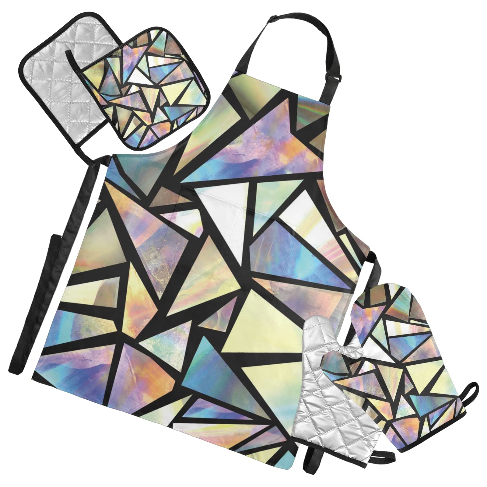 Iridescent Triangle Abstract Kitchen Apron Set with 2 Potholders & 2 Oven Mitts - Stylish Cooking Accessories for Men, Women & Chefs - Perfect for Baking, Grilling & Home Kitchen Decor