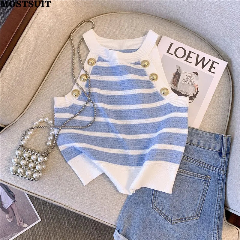 Women's Halter Slim Striped Knit Vest - Sexy Elegant Sleeveless Crop Top with Gold Buttons | Summer Streetwear Fashion | Perfect for Beach, Party & Casual Outfits