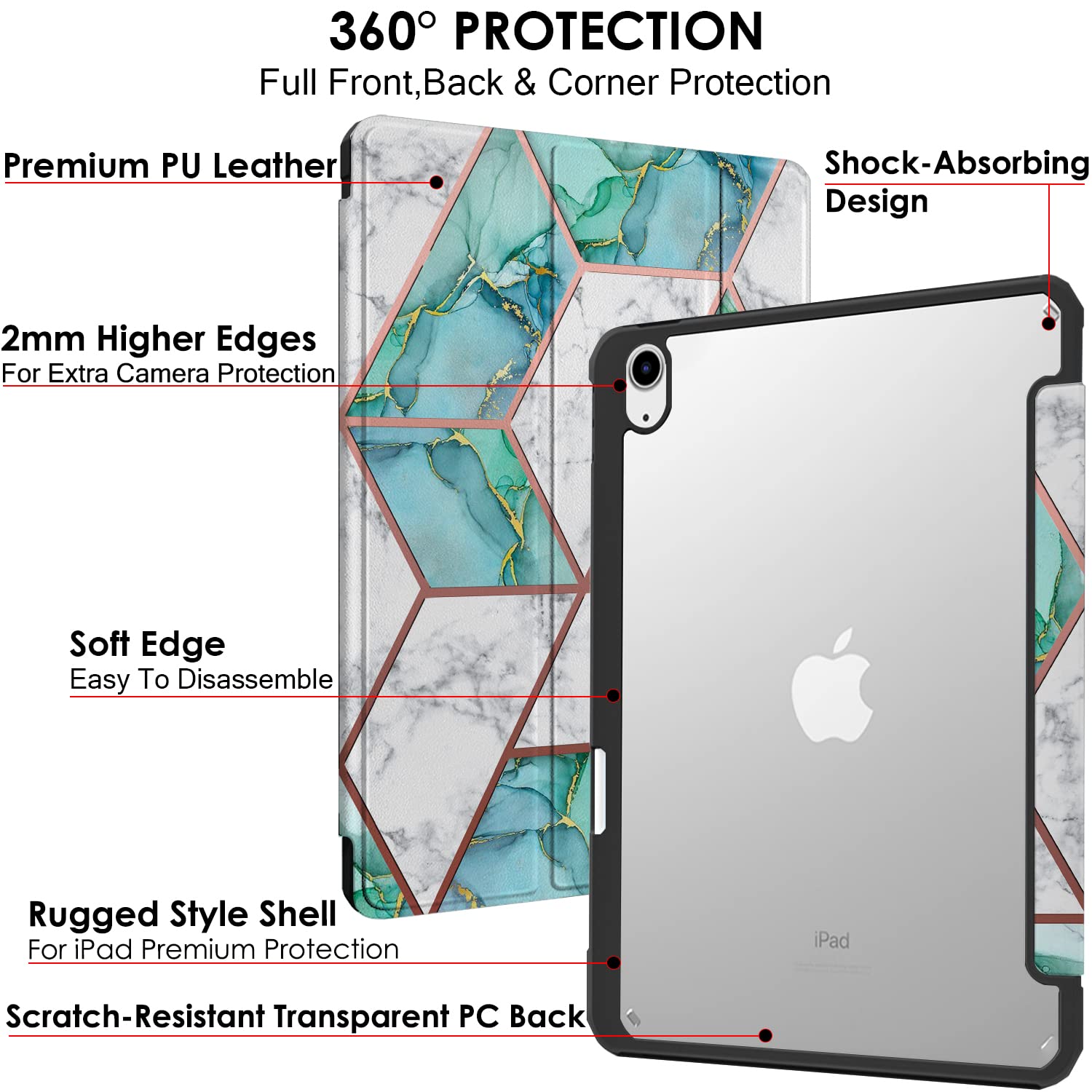 DuraSafe Clear Transparent TPU Case with Pencil Holder for iPad Air 11 (6th/5th/4th Gen 2024/2022/2020) - Shockproof Protective Cover with Green Marble Design - Perfect for Work, School & Travel