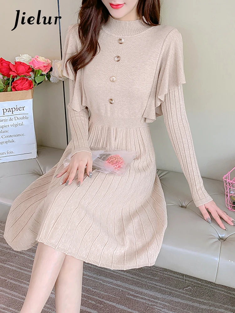 French Style Autumn Knit Dress for Women - Slim Waist A-Line Mid Length Knitted Dress in Black & Khaki (Sizes S-XL) | Perfect for Fall Outfits, Office Wear & Date Night