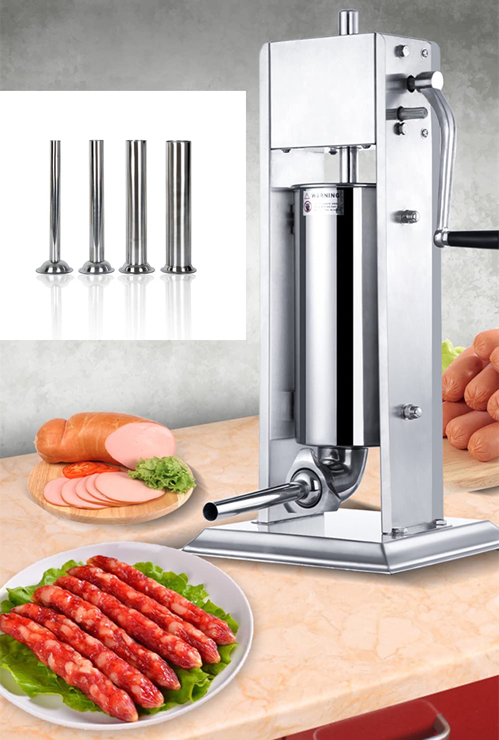 Stainless Steel Manual Sausage Stuffer - Vertical Meat Filler & Salami Maker Kit with Professional Nozzles for Homemade Sausages - Perfect for Kitchen, BBQ, Camping & Charcuterie Making