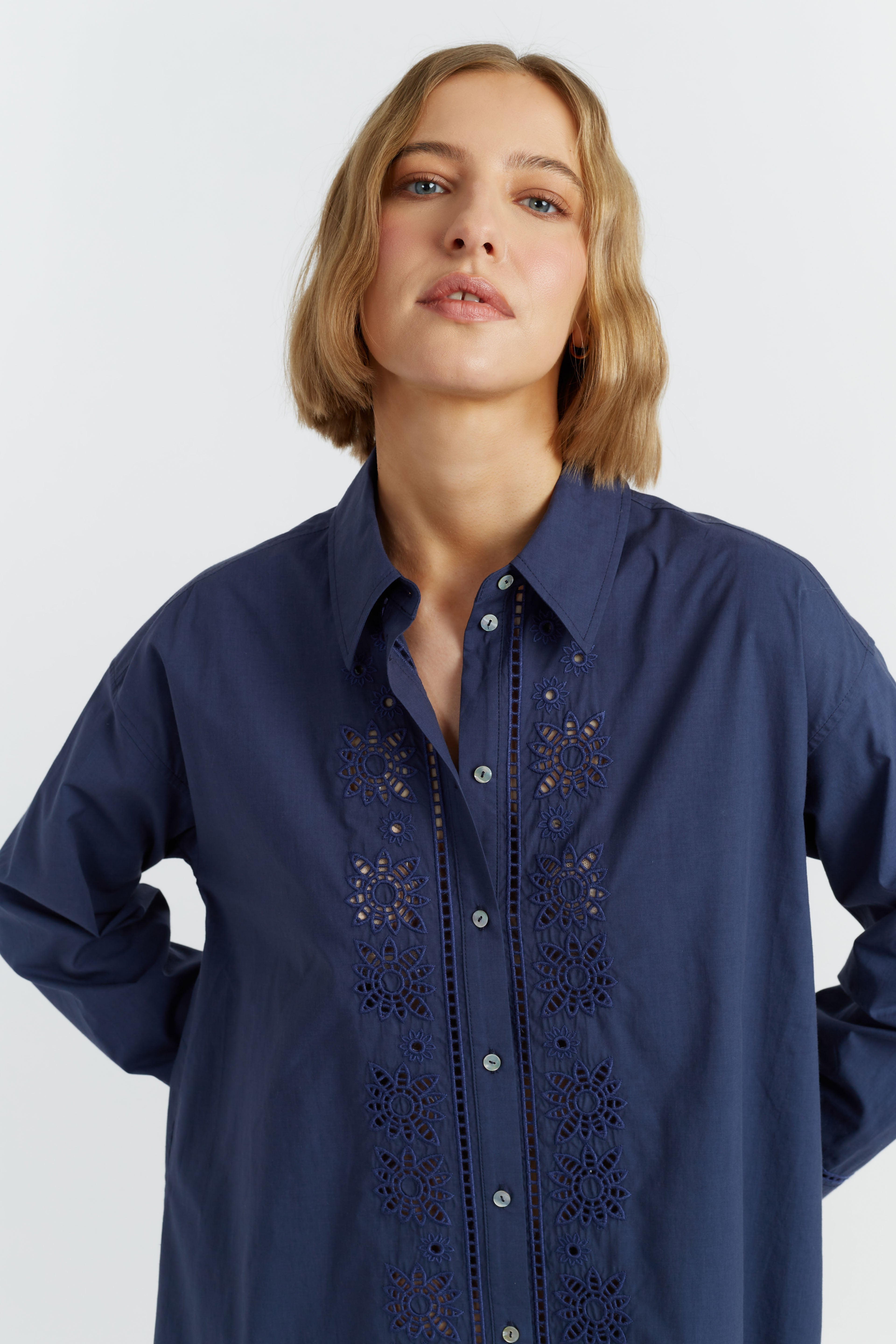 Navy Blue Cotton Lyocell Embroidered Shirt Dress for Women - Casual Summer Boho Style for Beach, Office & Date Night