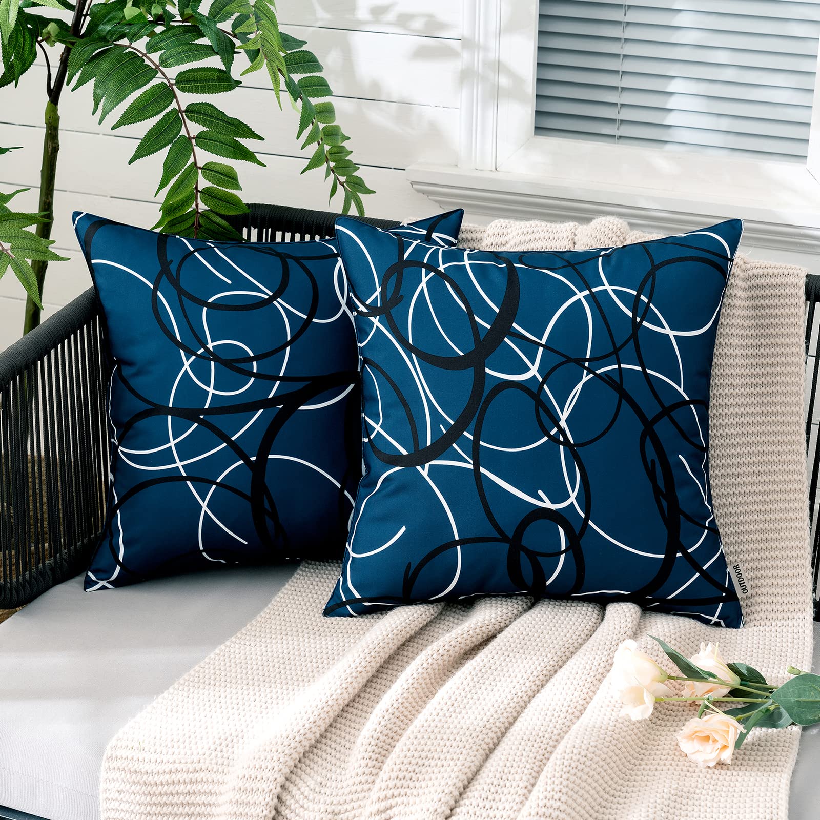 EMEMA Waterproof Outdoor Pillow Covers - Geometric Stripe Pattern Decorative Cushion Sham (18x18 Inch, Pack of 2) for Patio, Garden, Couch & Tent - Dark Blue Square Throw Pillowcase Shell Lumbar - Perfect for Outdoor Furniture, Camping & Home Decor