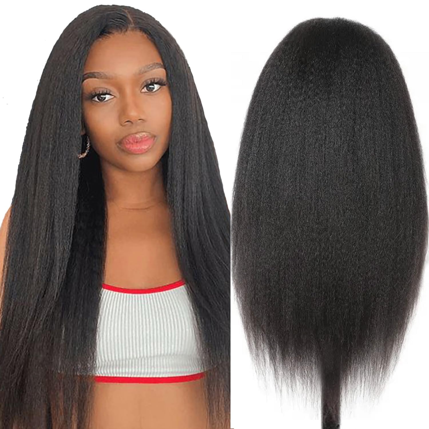 13x6 Kinky Straight Human Hair Wig for Women - 180% Density HD Transparent Lace Front Wig with Pre Plucked Baby Hair & Natural Hairline | Brazilian Virgin Human Hair | 22 Inch | Perfect for Daily Wear, Cosplay & Special Occasions