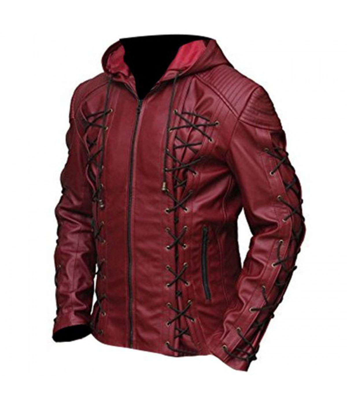 Arrow Arsenal Red Hooded Faux Leather Jacket - Cosplay Costume for Halloween, Comic Con & Superhero Themed Parties