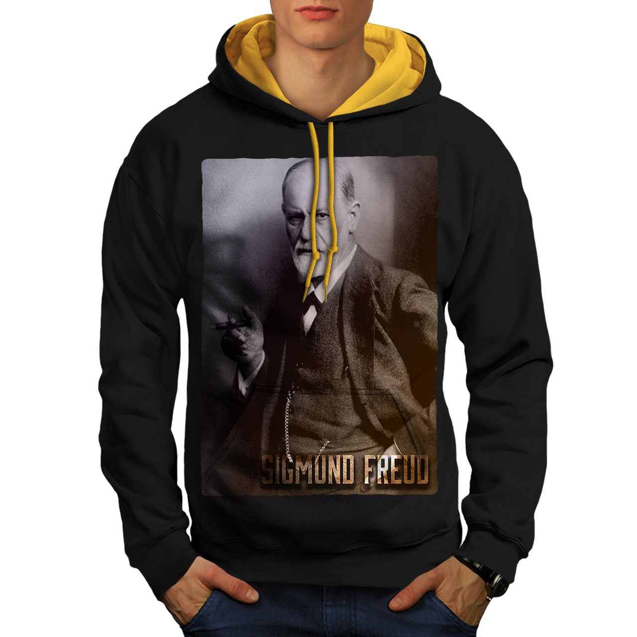 Wellcoda Sigmund Freud Contrast Hoodie for Men - Psychoanalysis Themed Hooded Sweatshirt | Perfect for Psychology Enthusiasts, College Students & Unique Gift Ideas