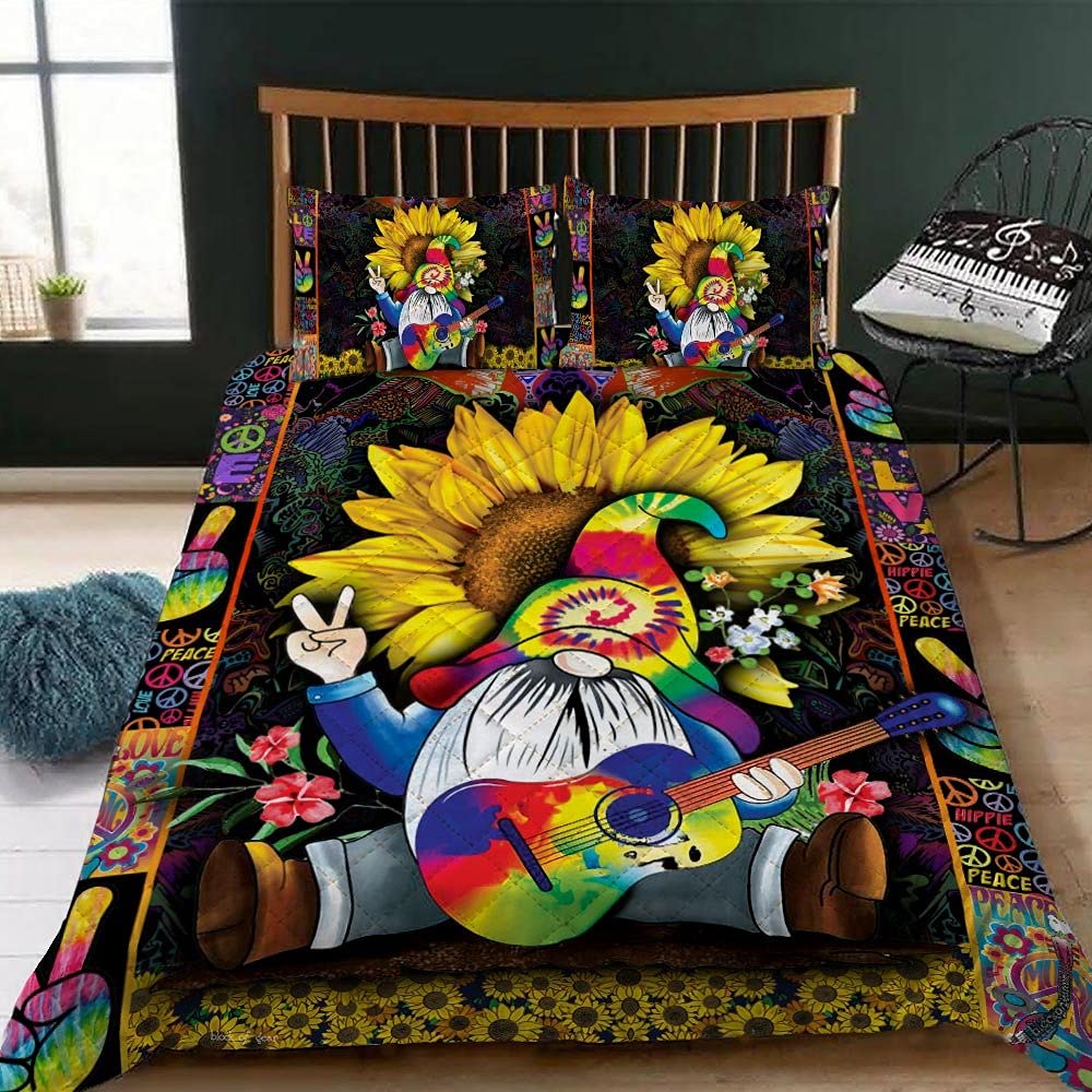 Be Kind Hippie Gnomes Quilt Bedding Set - Queen Size All-Season Microfiber Bedspread with Pillowcases - Soft Bohemian Style Coverlet for Bedroom Decor (King/Queen/Twin) - Perfect for Guest Rooms, Dorm Rooms & Cozy Home Decor