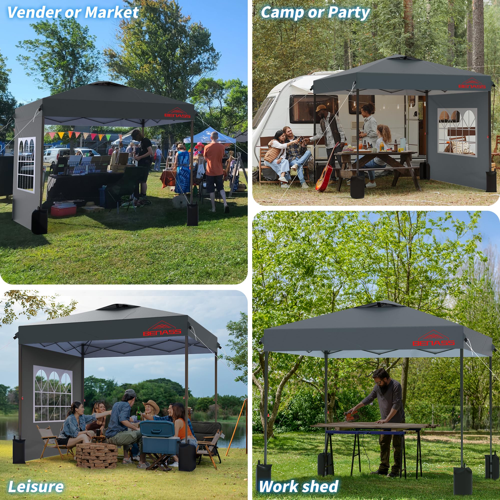 10x10 Pop Up Canopy Tent with Sidewalls - Heavy Duty Instant Shelter for Outdoor Events, Parties & Camping - Easy One-Person Setup in Grey - Perfect for Backyard BBQs, Farmers Markets & Beach Outings