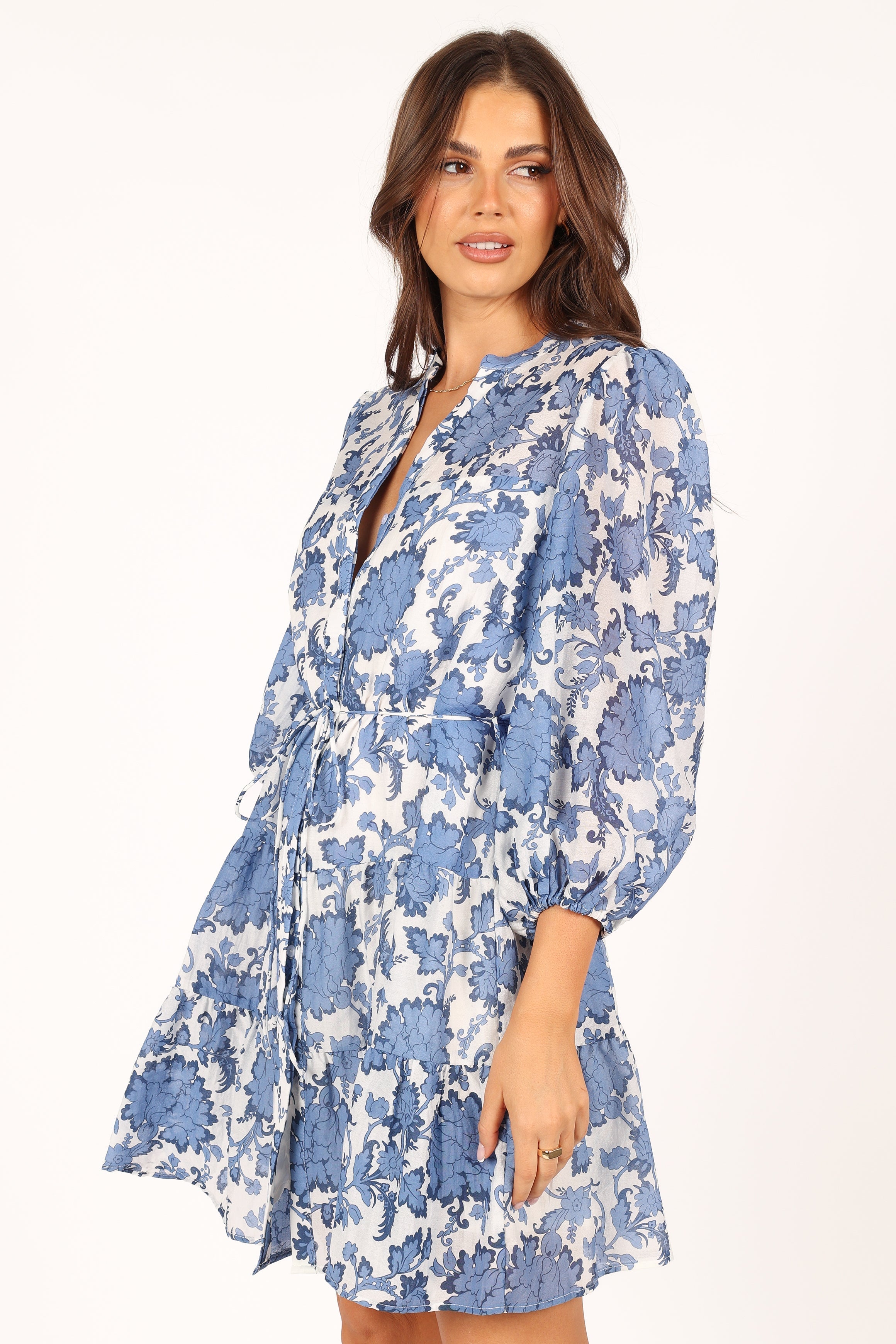Dierdre Long Sleeve Mini Dress - Blue Floral Print Women's Party Dress for Cocktail, Wedding & Date Night