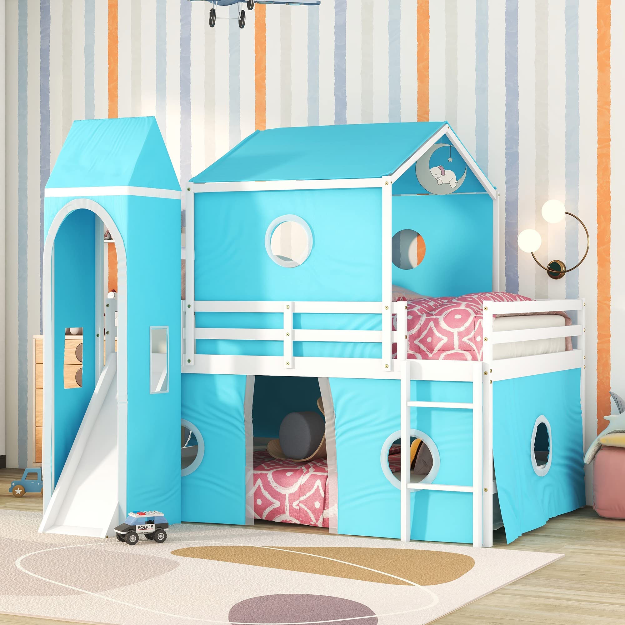 Harper & Bright Designs Full Size Kids Loft Bed with Slide, Tent & Ladder - Wooden Playhouse Bed Frame for Boys, Girls & Teens - Perfect for Small Bedrooms, Playrooms & Kids' Sleepovers (Full, Blue)