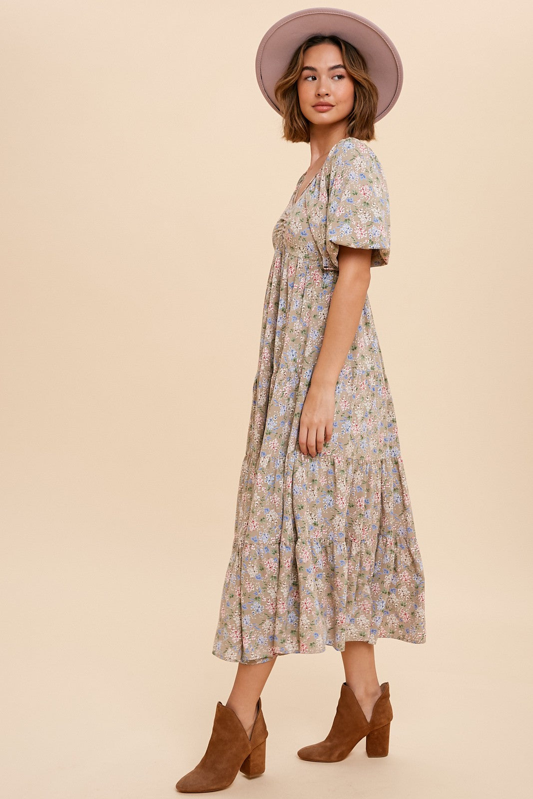 Beige Floral Ruched Strappy V-Neck Puff Sleeve Midi Dress for Women - Elegant Summer Cocktail Party & Wedding Guest Outfit