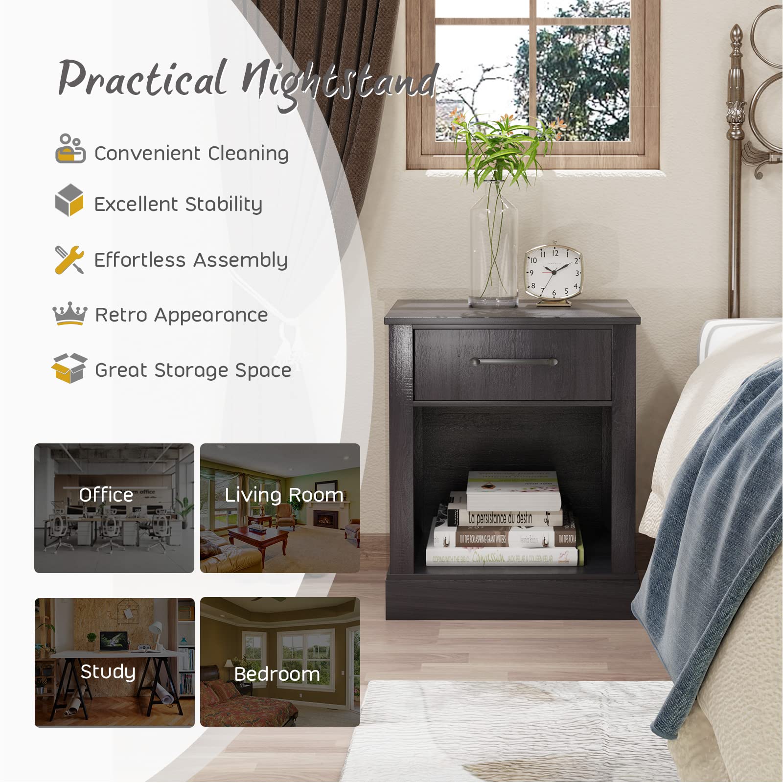 Giantex Farmhouse Nightstand Set of 2 - Rustic Wooden End Tables with Drawers & Open Shelf - Black Bedside Tables for Bedroom, Living Room & Office Use
