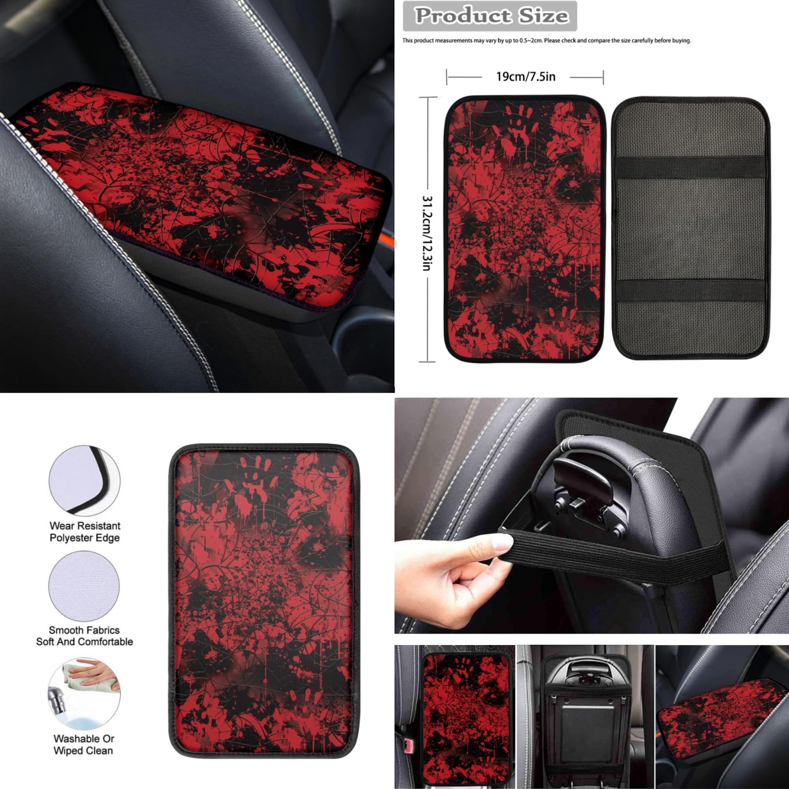 Premium Blood Print Car Seat Cover Full Set - Front & Back Seats, Steering Wheel Cover, Armrest Pad, Handbrake & Gear Shift Covers | Auto Seat Belt Pads & Cup Holder Coasters | Halloween & Horror Theme Car Accessories for Party Decorations & Themed Events