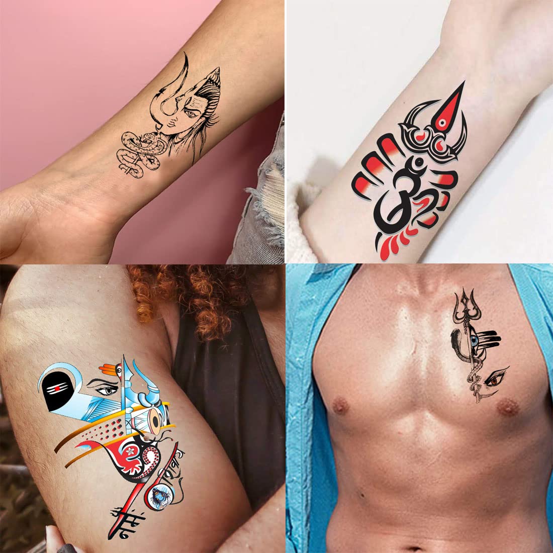 Om Trishul with Lord Shiva Temporary Tattoo Stickers - Pack of 4 Waterproof Body Art for Men & Women (2x4 Inch) - Perfect for Festivals, Yoga, Spiritual Events & Self-Expression