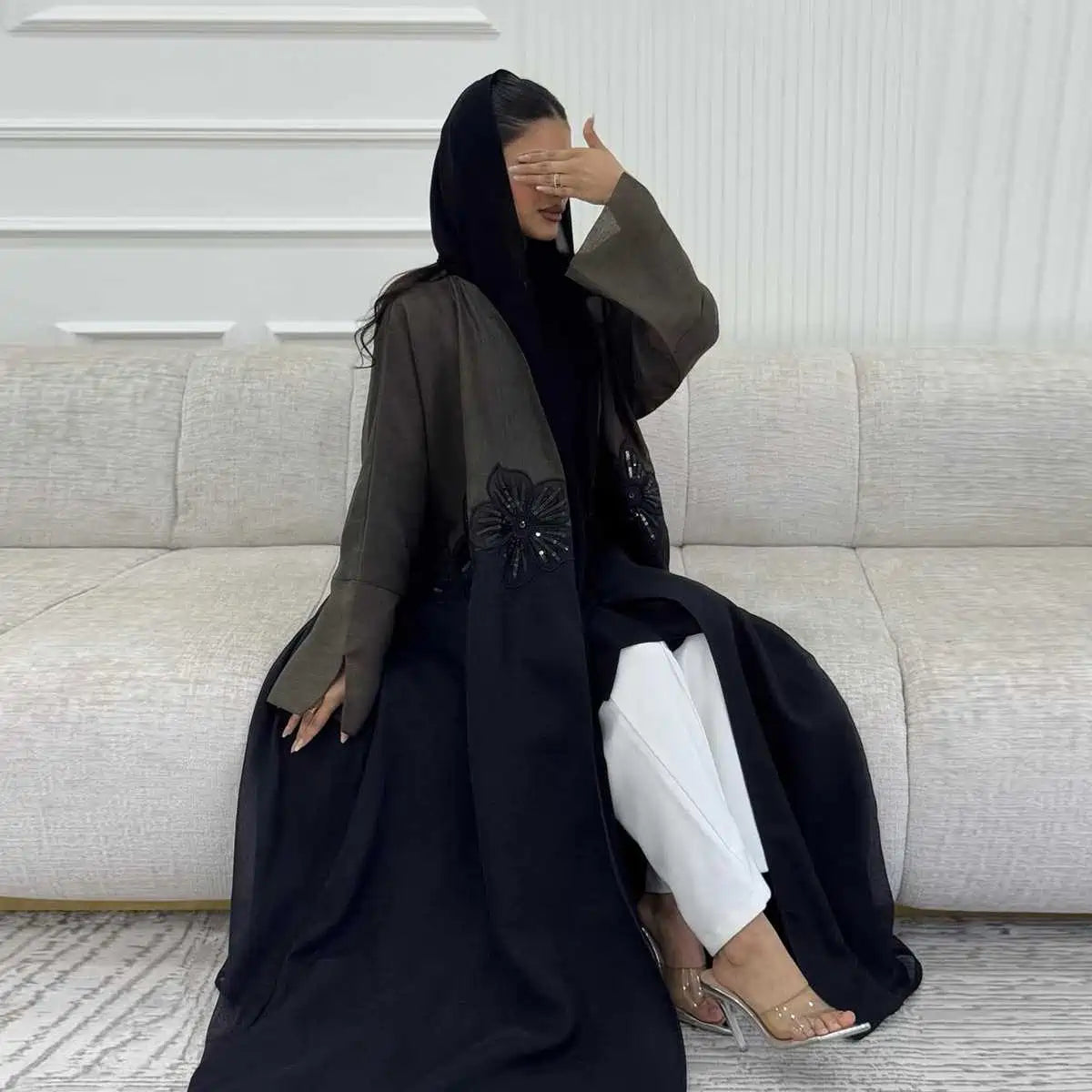 Urgarment 3D Appliques Cardigan Open Abaya Dress for Women - Elegant Long Sleeve Muslim Kaftan Robe #25210 | Perfect for Eid, Wedding, Party & Special Occasions