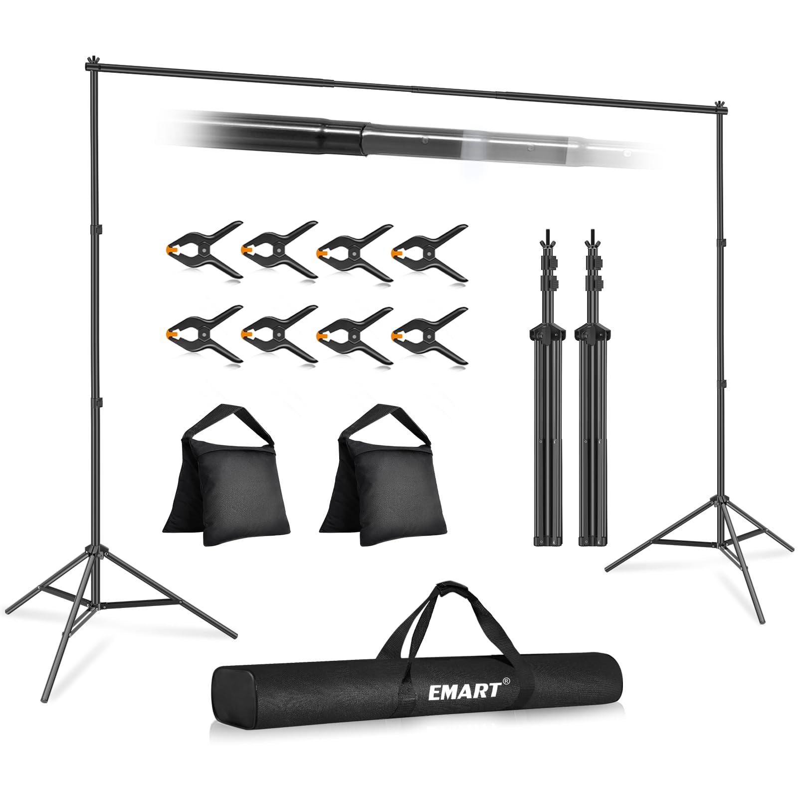 EMART 10x7ft Adjustable Photo Backdrop Stand Kit with 2 Crossbars, 8 Clamps, 2 Sandbags & Carry Bag - Professional Studio Background Support for Wedding Photography, Party Decorations & Event Displays