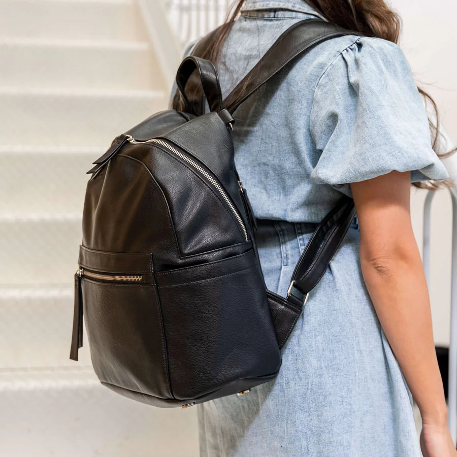 Vanchi Vegan Leather Manhattan 2-Way Backpack Diaper Bag - Stylish & Spacious Black Baby Bag for Moms - Perfect for Travel, Work & Daily Use