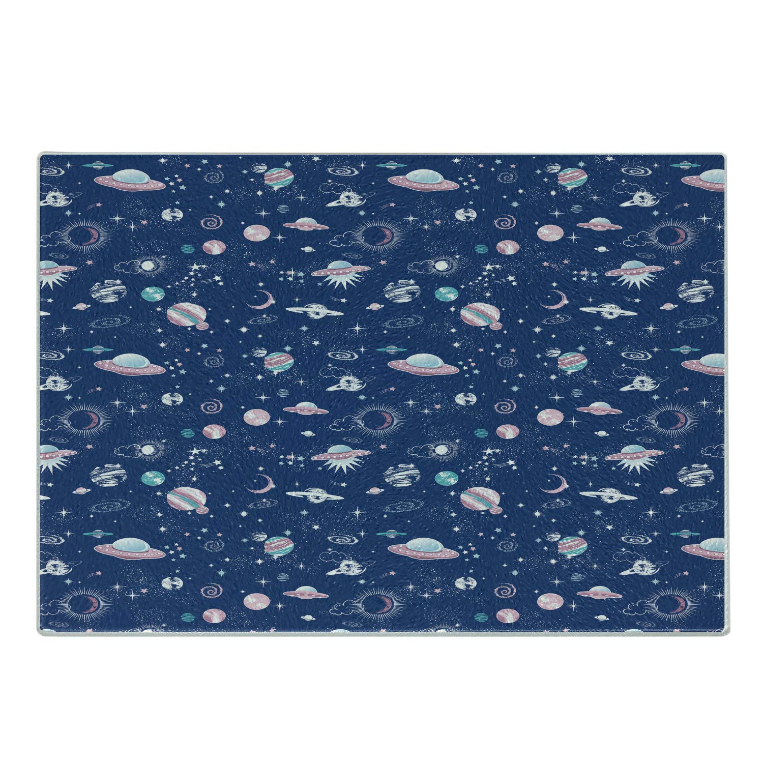 Ambesonne Dark Blue Galaxy Tempered Glass Cutting Board - Abstract Saturn UFO Aliens Planets Design - Small Decorative Serving Board for Kitchen, Party, Gift - Durable & Stylish for Cheese, Charcuterie, Appetizers