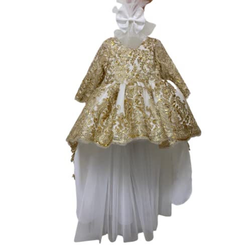 White and Gold Long Sleeve Baby Gown - High Low Hem Birthday Dress for Girls 9-12 Months | Perfect for Christening, First Birthday Photos & Special Occasions