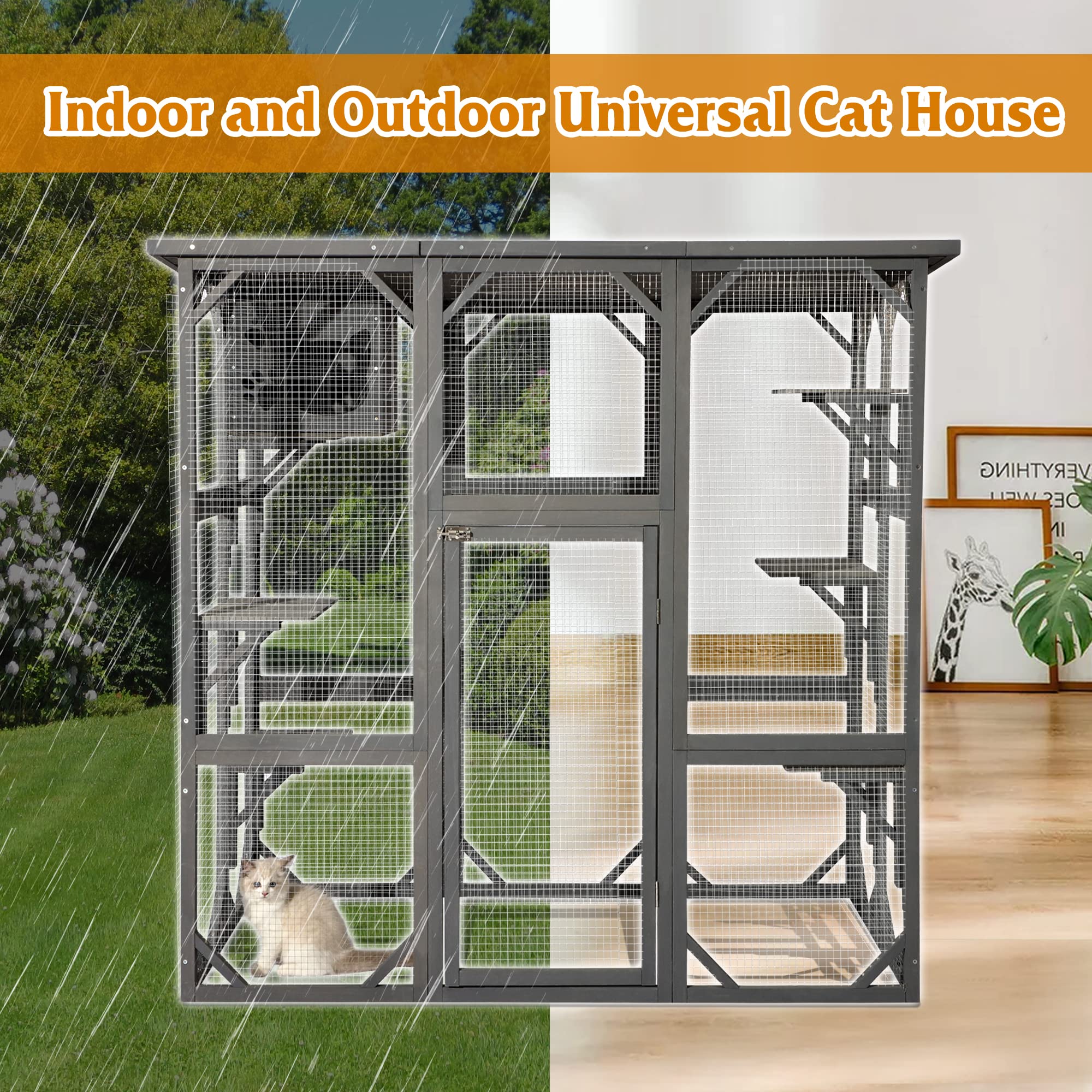 Outdoor Catio Enclosure - Weatherproof Wooden Cat House with Playpen & Platform for Indoor/Outdoor Use