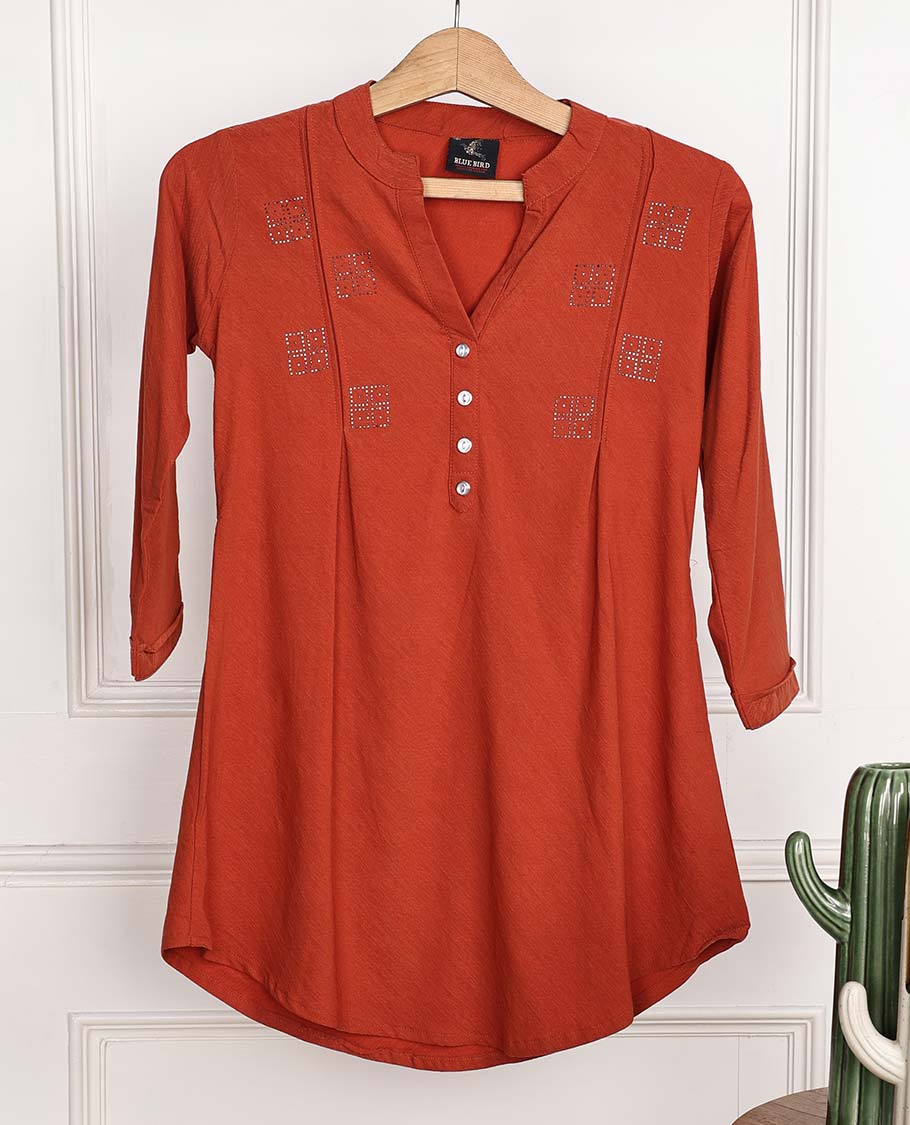 Stylish Alloy Orange Chinese Collar 3/4 Sleeve Rayon Top with Micro Stone Work - Perfect for Casual Wear, Parties & Special Occasions