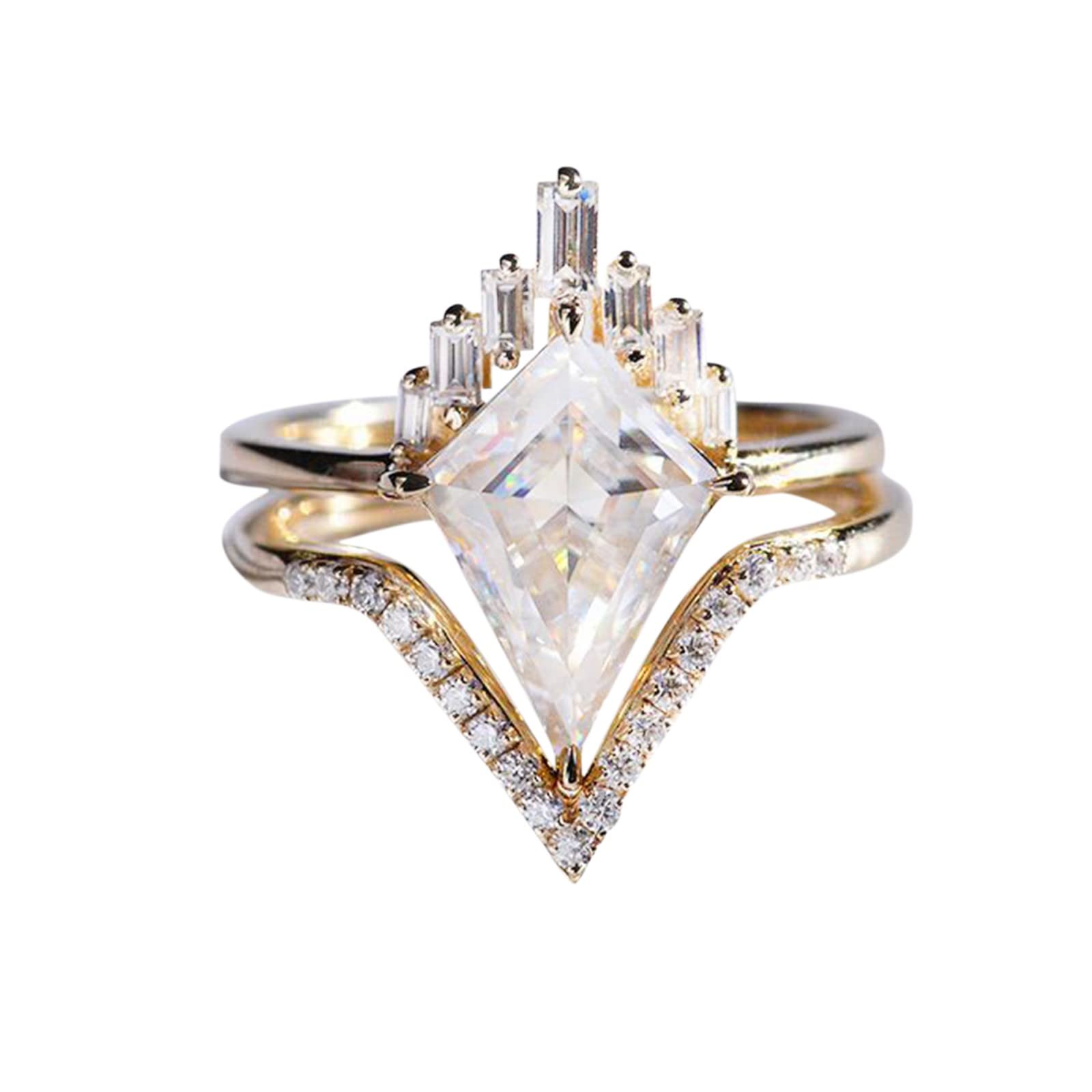 2PC V-Shape Rhinestone Diamond Rings for Women - Fashionable Full Zirconia Jewelry Set - Size 5-10 Abstract Rings in Gold (Size 7) - Perfect for Parties, Date Nights & Special Occasions