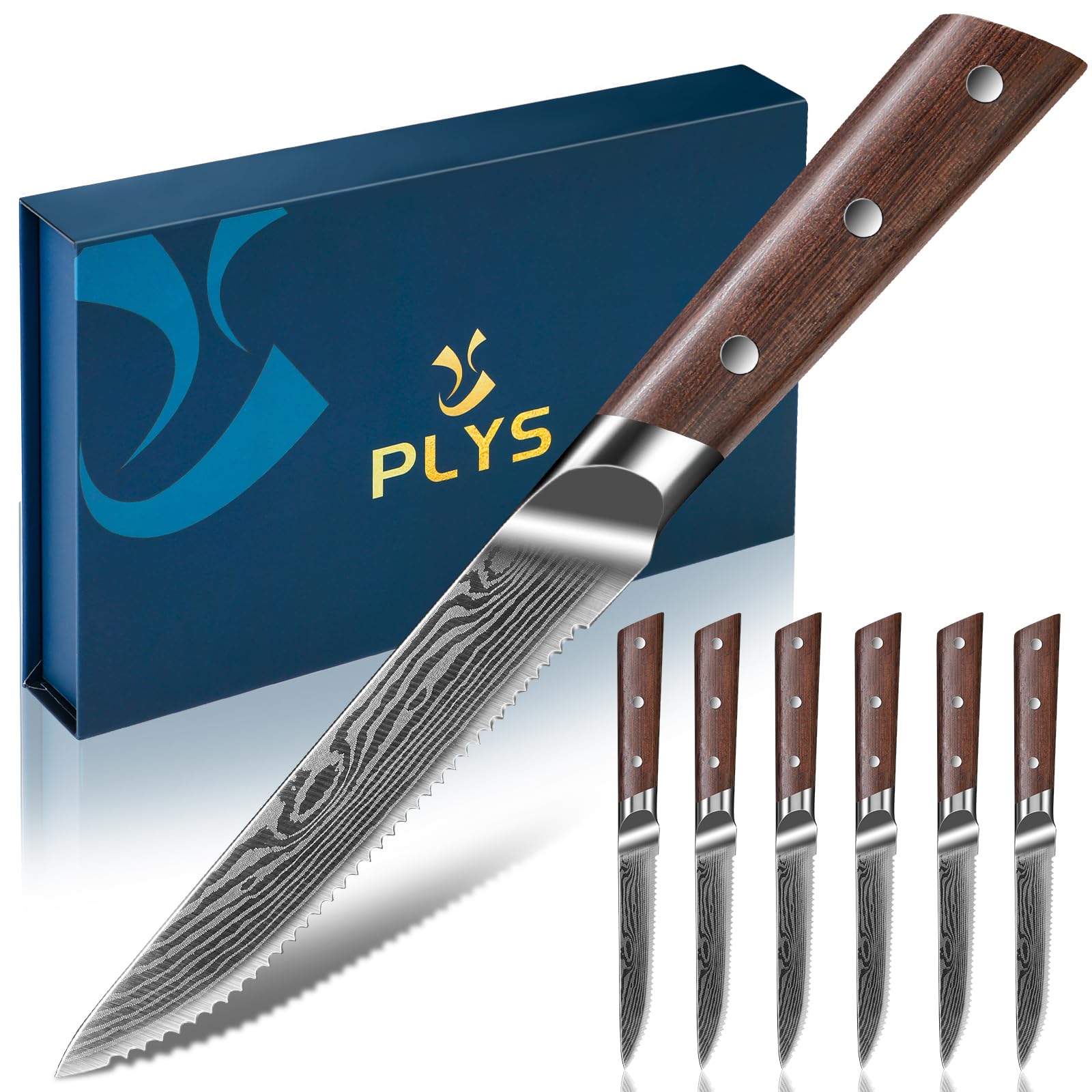 Premium 6-Piece Japanese Serrated Steak Knife Set - High-Quality Stainless Steel Dishwasher Safe Kitchen Knives with Full Tang Design & Elegant Gift Box - Perfect for Steak Dinners, BBQ Parties & Housewarming Gifts for Parents