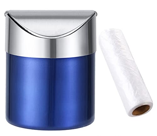 Stainless Steel Mini Trash Can with Swing Lid - 1.5L/0.4Gal Small Garbage Bin for Desk, Car, Countertop - Includes Trash Bags & 5 Color Options (Blue) - Perfect for Office, Home, or Vehicle Use