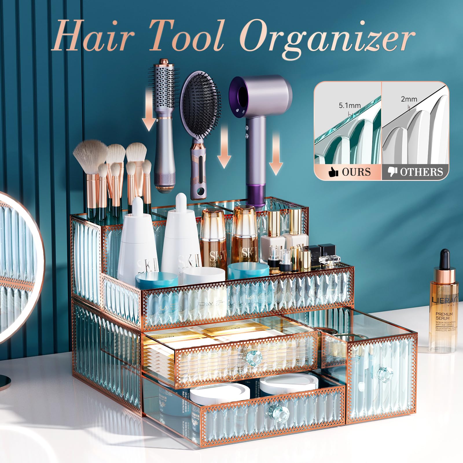 Tempered Glass Makeup Organizer - Cosmetic & Skincare Vanity Organizer for Brushes, Hair Tools, Perfume - Multipurpose Bathroom Countertop Storage | Perfect for Bedroom Vanity, Bathroom Counter & Dressing Table Organization