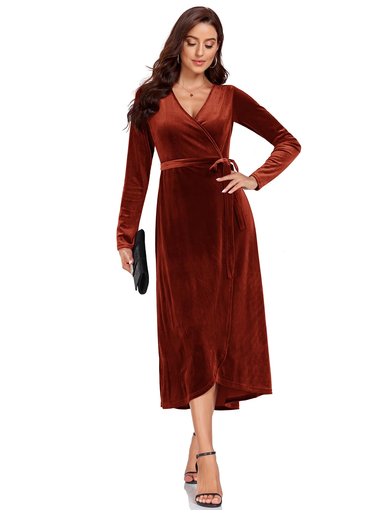 CYCLAMEN 2023 Velvet Wrap Dress - V Neck Ruffle Sleeves Long Maxi Dress for Women | Elegant Party, Wedding Guest & Cocktail Dress | Perfect for Evening Gala, Holiday Party & Special Occasions