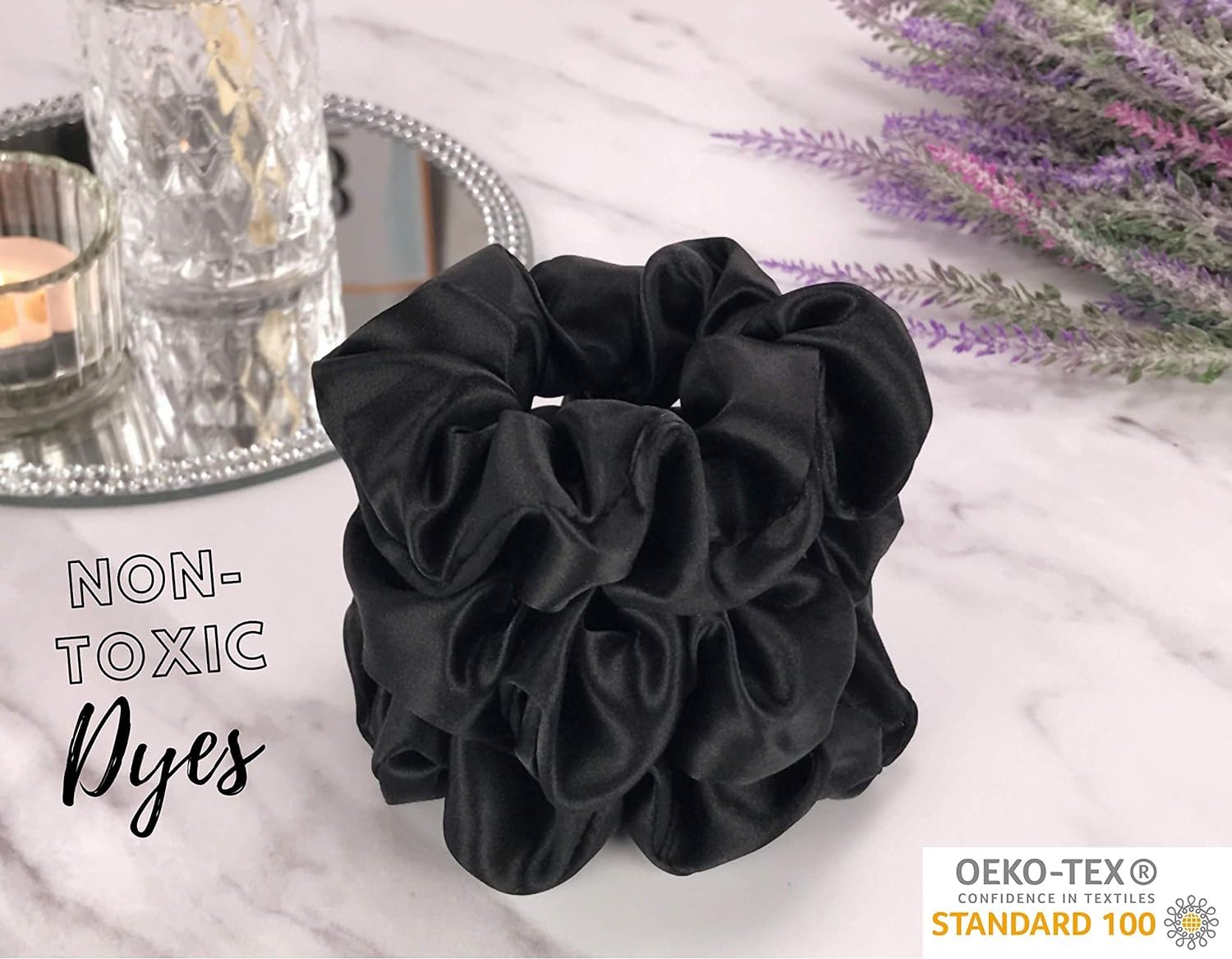 Wazdorf 6 Pack Satin Hair Scrunchies for Women & Girls - Soft Elastic Hair Bands, Ponytail Holders - Perfect for Daily Use, Workouts, and Birthday Gifts (Black, 6 Count)