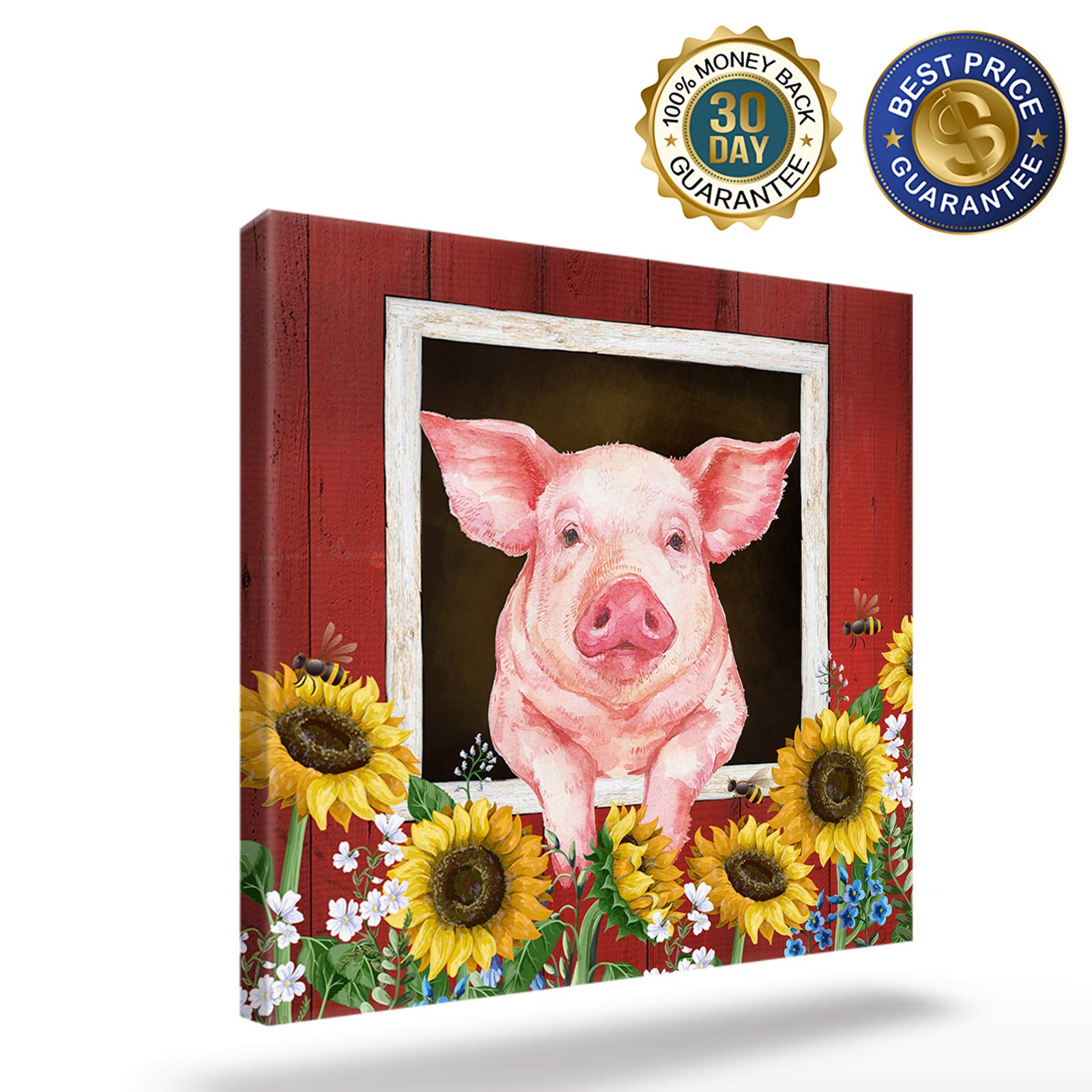 Sunflower Pig Canvas Art Wall Decor - 8x8 Inch Framed Farmhouse Painting for Living Room & Kitchen - Cute Barn Animal Wooden Plank Picture - Ready to Hang - Perfect for Farmhouse, Rustic & Country Style Home Decor