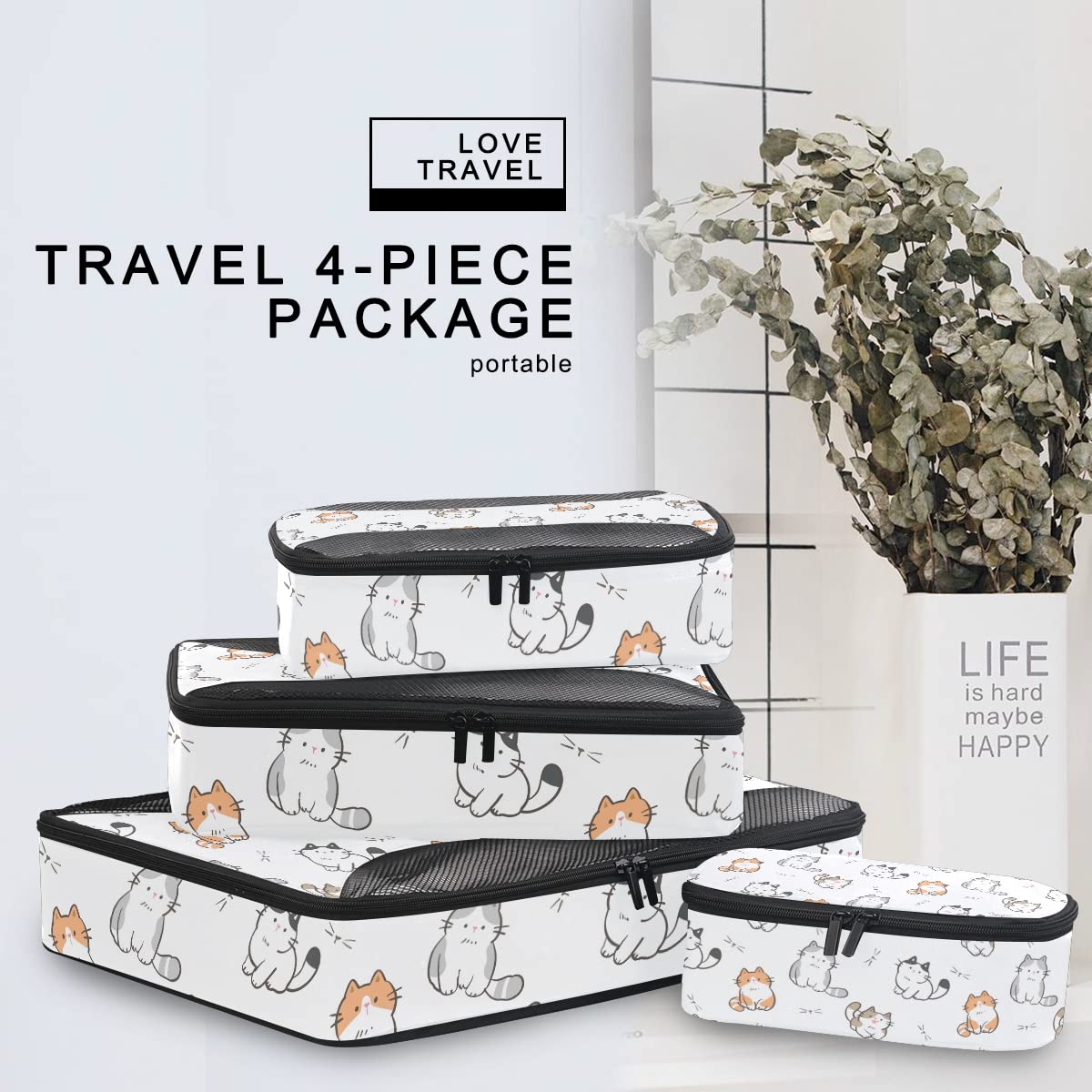 **MNSRUU Packing Cubes Set - 4 PCS Cartoon Cat Compression Travel Organizer Bags for Suitcases & Luggage | Perfect for Business Trips, Vacations & Weekend Getaways**