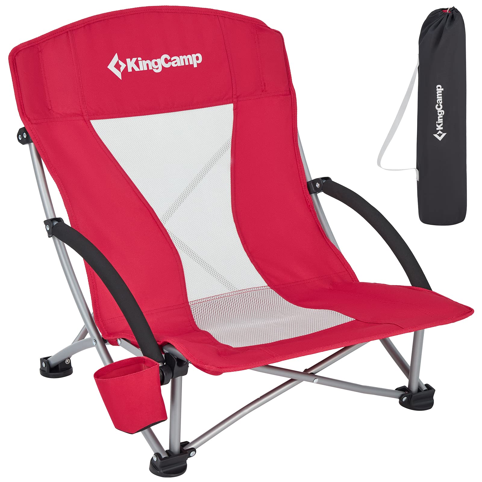 KingCamp Low Folding Beach Chair for Adults - Portable Lightweight Sling Chair with Headrest, Cup Holder & Carry Bag - 300LBS Capacity - Perfect for Beach, Camping, Concerts, Travel & Outdoor Relaxation