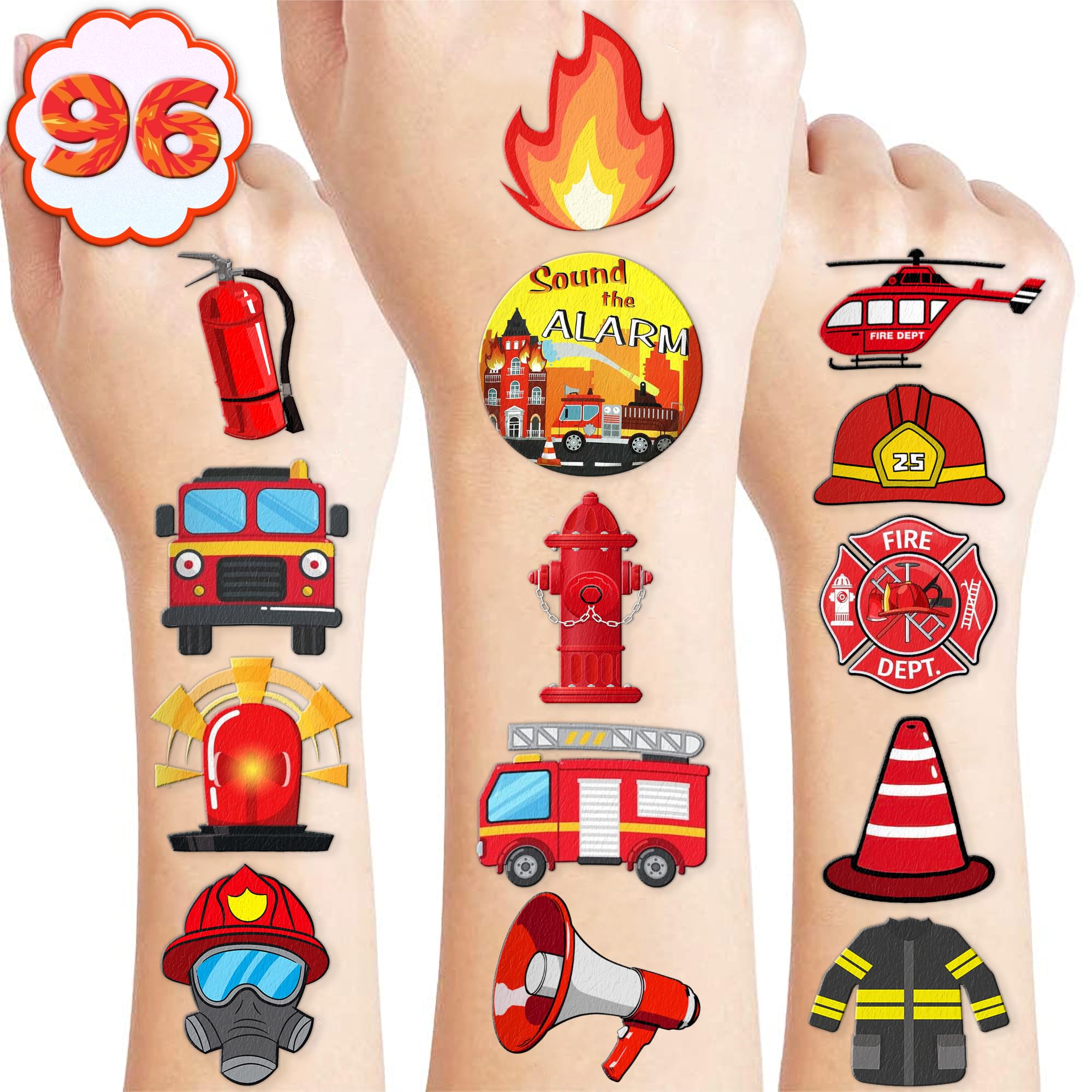 100 PCS Fire Truck Temporary Tattoos - Firefighter Themed Party Supplies, Birthday Decorations, Stickers for Boys & Girls - Perfect for School Rewards, Carnival Prizes & Firehouse Themed Events