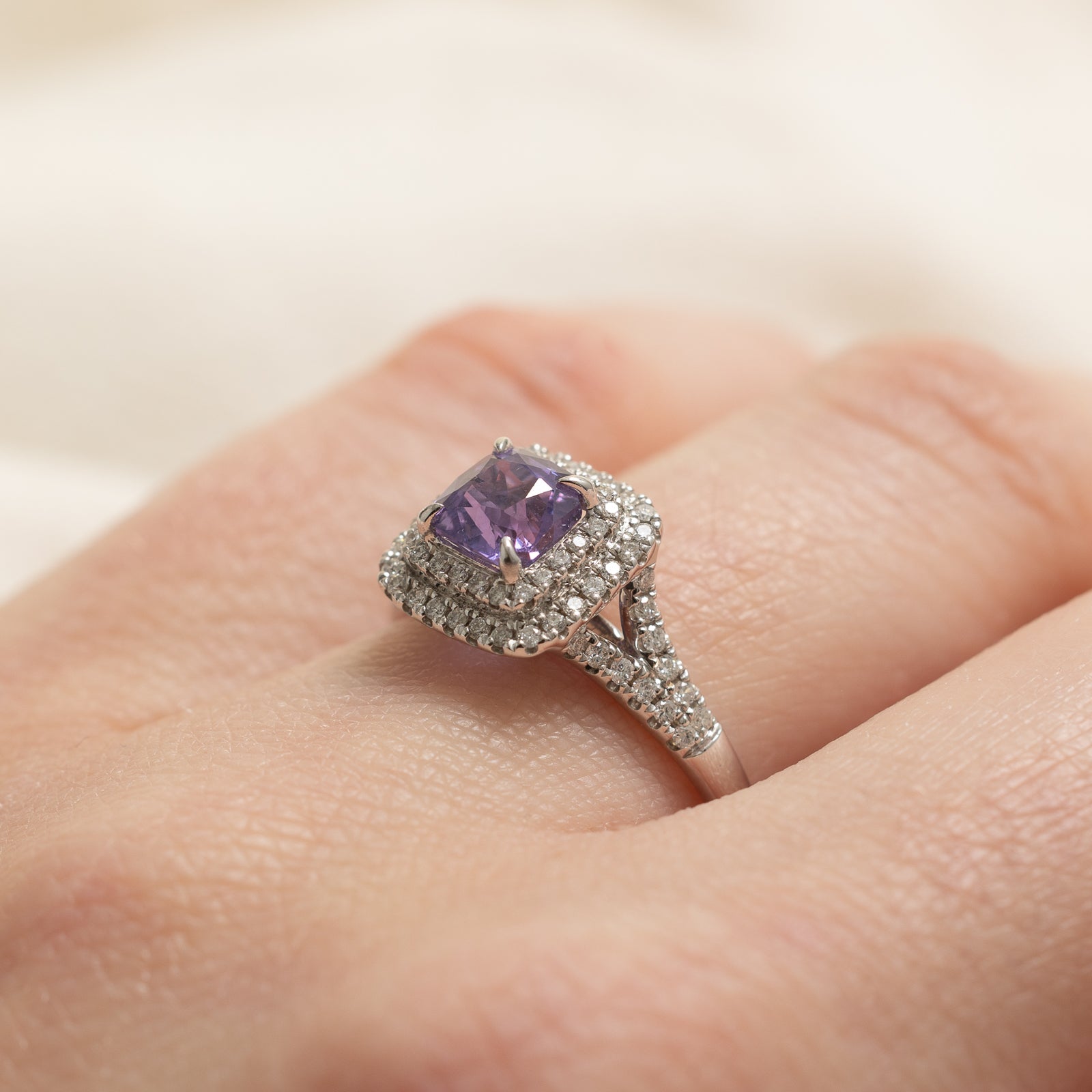 Natural Unheated Violet Sapphire and Diamond Halo Engagement Ring - 1.01ct Sapphire & 0.34ctw Diamonds - Size 6.25 - Perfect for Wedding, Proposal & Anniversary Gifts