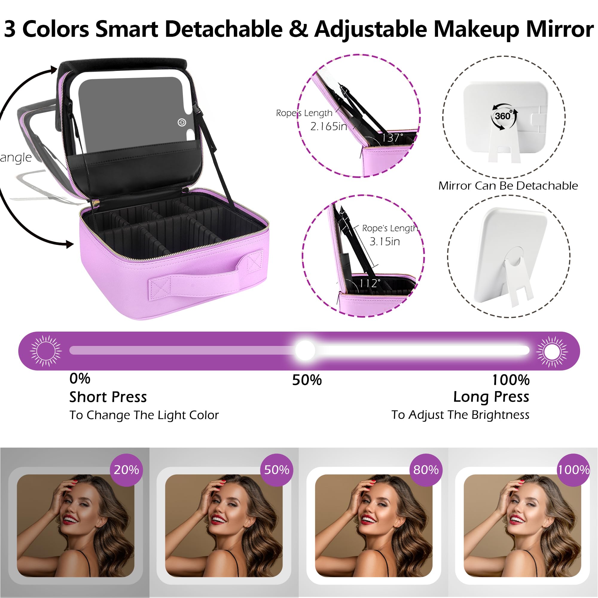 MOMIRA Travel Makeup Bag with LED Mirror - 3 Adjustable Brightness Levels, Waterproof Cosmetic Organizer Case for Women (Purple) | Perfect for Travel, Home Vanity & On-the-Go Touchups