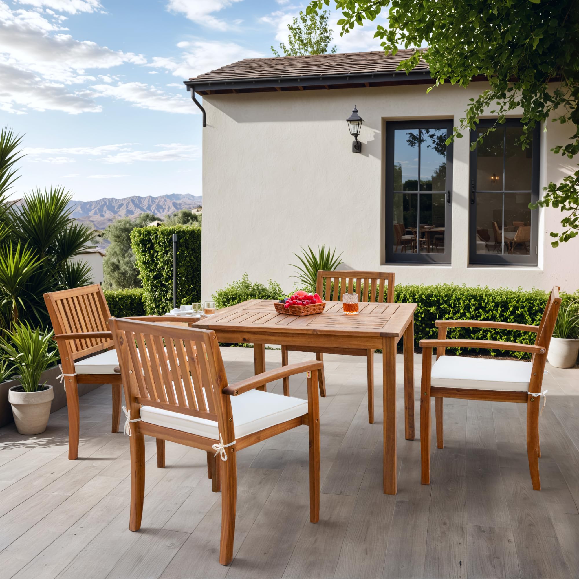 Premium 5-Piece Acacia Wood Outdoor Dining Set with Soft Cushions - Patio Table and Chairs for Deck, Backyard, Garden - Perfect for Al Fresco Dining, BBQs, and Outdoor Entertaining