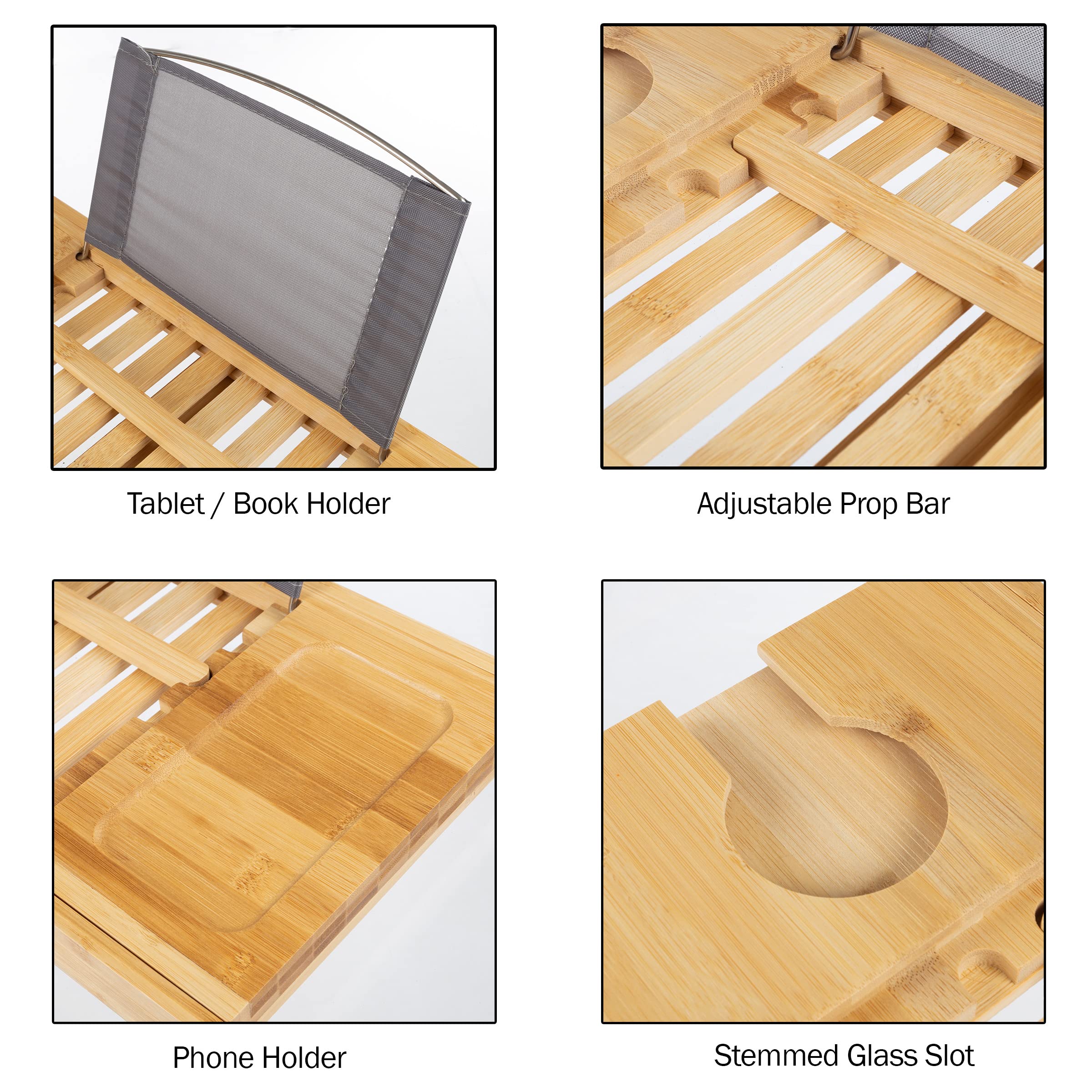 Expandable Bamboo Bathtub Tray Set of 2 - Natural Wood Bath Caddy with Cup Holder & Book/Phone/Tablet Stand | Perfect for Relaxing Baths, Spa Days & Reading in the Tub
