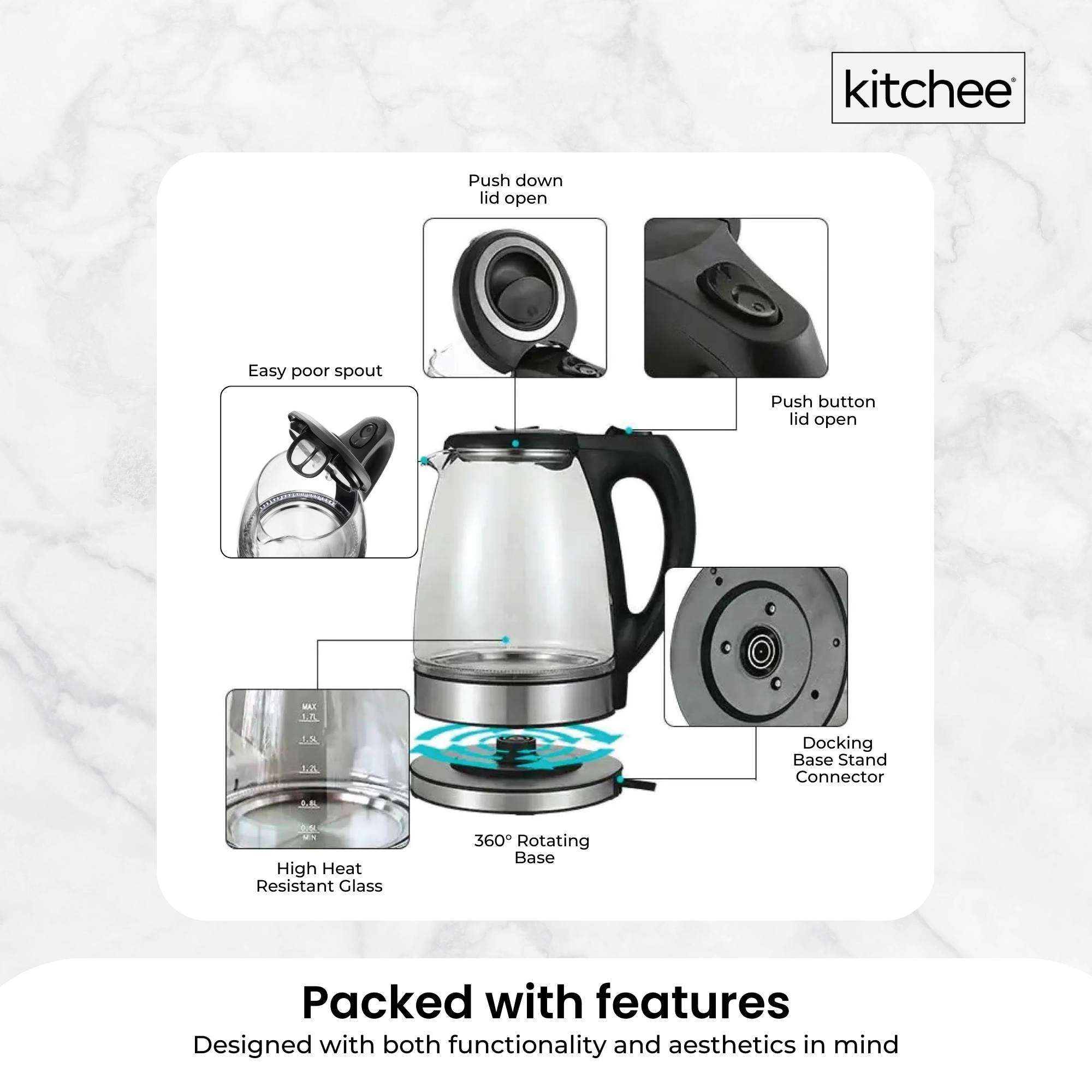 1.7L Electric Glass Kettle with LED Blue Light - 360° Swivel Base, Cordless Water Boiler for Tea, Coffee & Instant Noodles - Fast Boiling & Auto Shut-Off for Home & Office Use