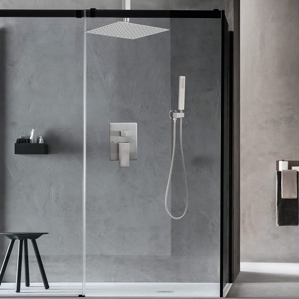 10 Inch Ceiling Mounted Rainfall Shower System - Brushed Nickel Shower Head Combo Set with Mixer Valve & Rough-in Trim - Perfect for Modern Bathroom & Spa Experience