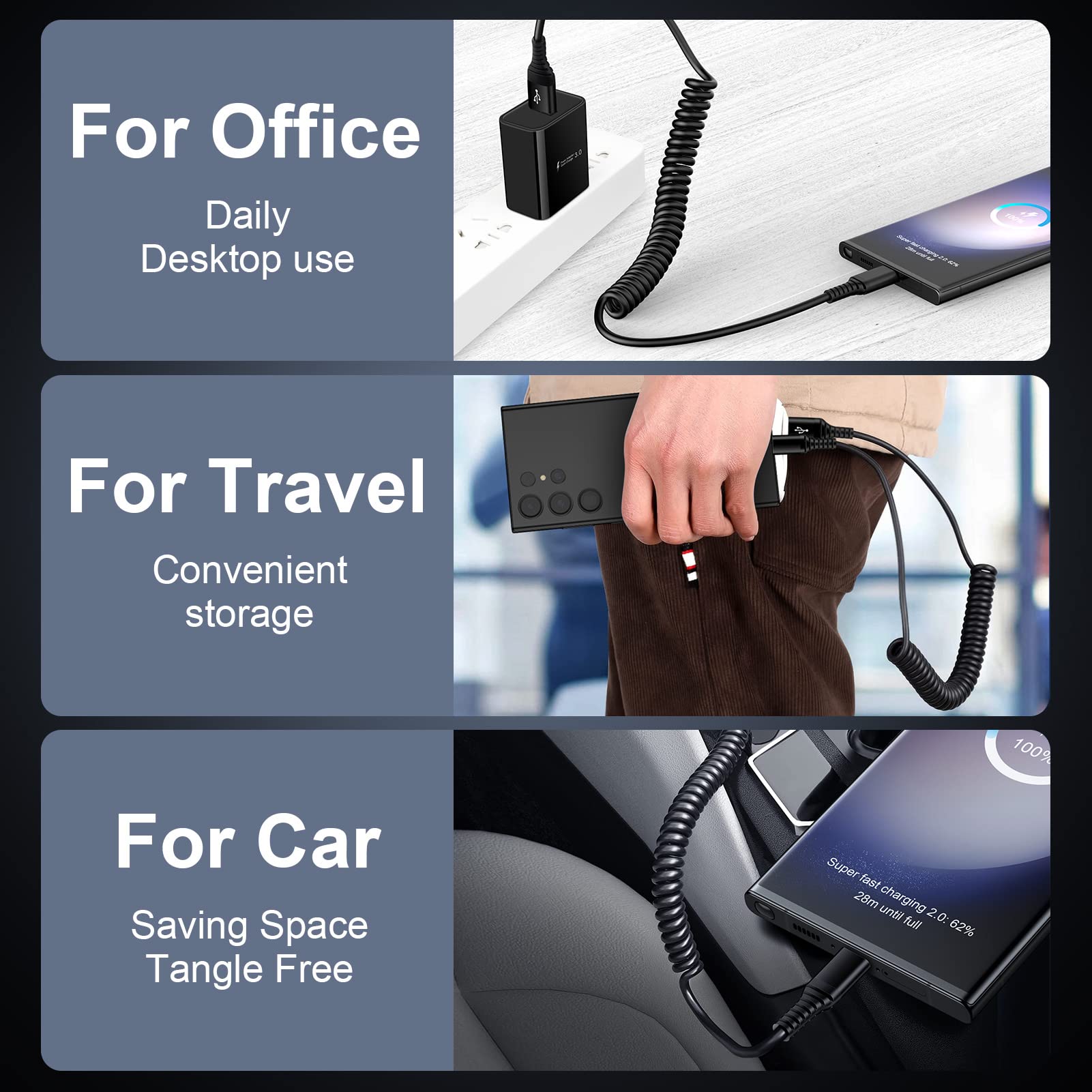 Fast Charging USB A to USB C Cable 3FT - Retractable Cord for Samsung Galaxy S25 Ultra/S24+/S24FE/S23FE/A55/A25/A24/A16/A15/A14/A13/A12/A11/A06 - Compatible with Android Auto & Car Charging - Durable High-Speed Charger for Phones, Tablets & Power Banks
