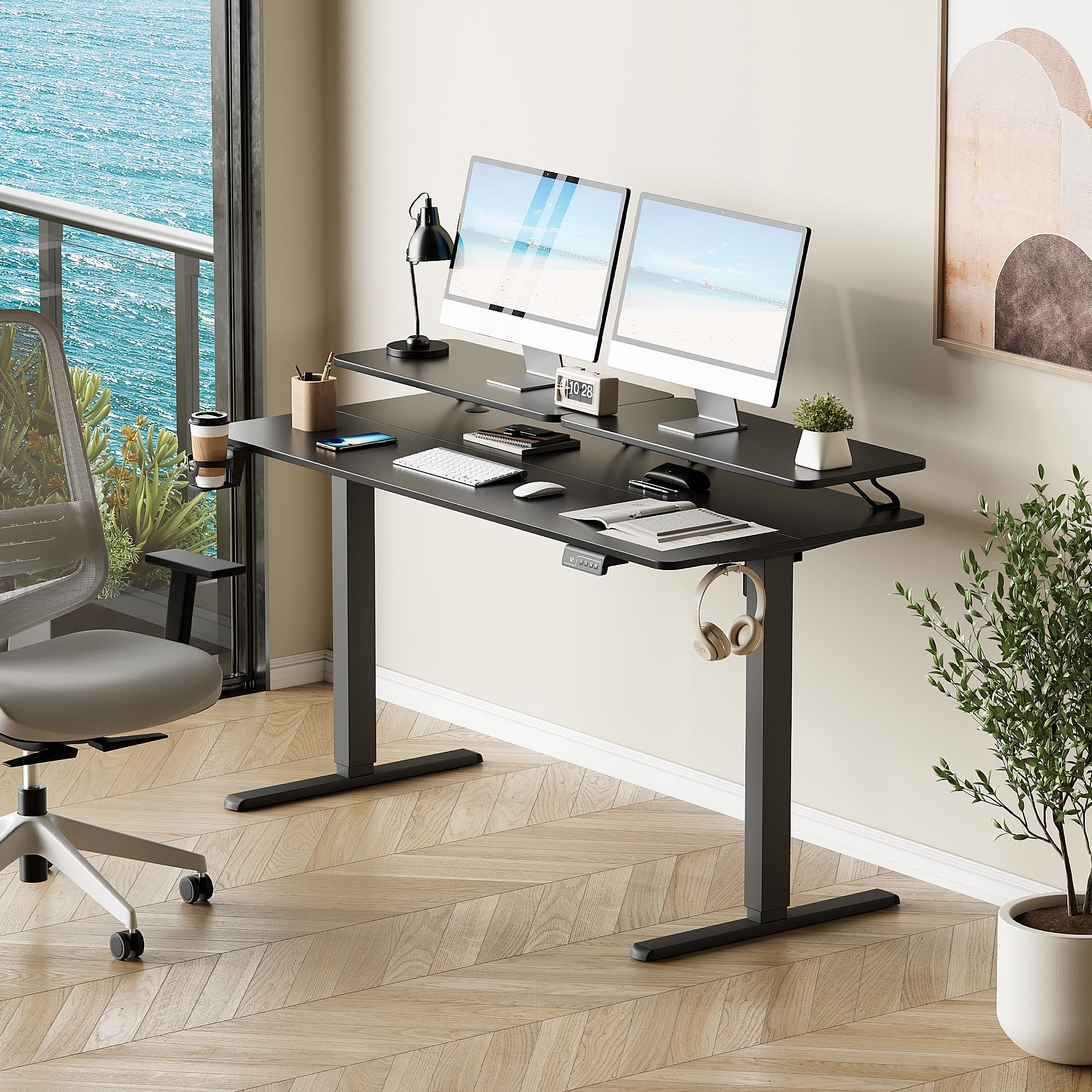 Furmax 55 x 24 Inches Electric Height Adjustable Standing Desk with Monitor & Laptop Workstation - Sit Stand Up Computer Desk with Cup Holder, Hook & Cable Management Holes in Carbon Black - Perfect for Home Office, Gaming Setup & Remote Work